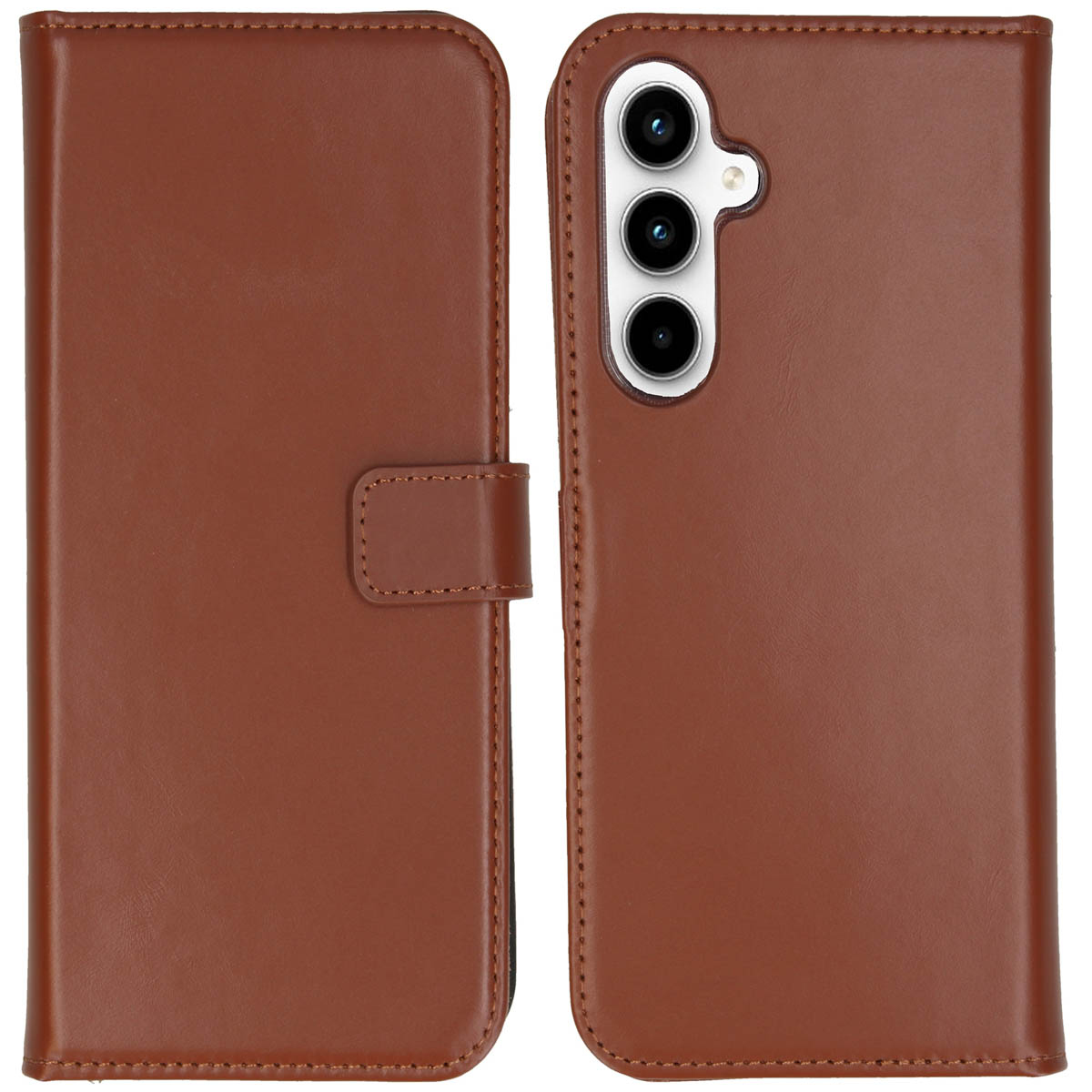Étui de téléphone en cuir marron, ouvert. Il montre le support du téléphone et la couverture avec une fermeture magnétique.
