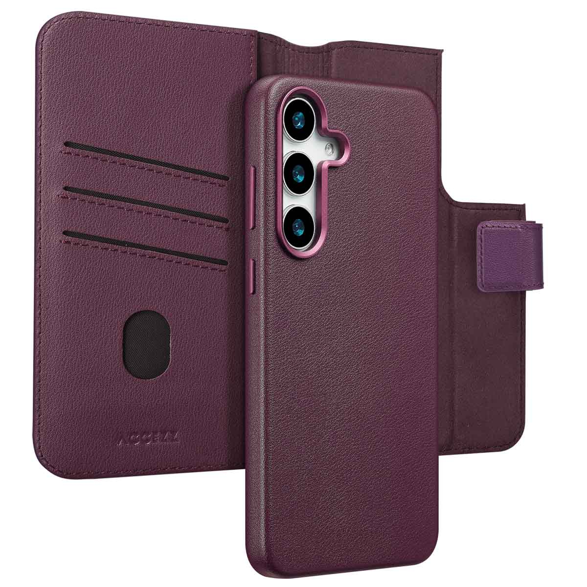 Een paarse telefoonhoes met portemonnee-functies. Het heeft kaartsleuven en een magnetische sluiting. De telefoon heeft drie cameralenzen.