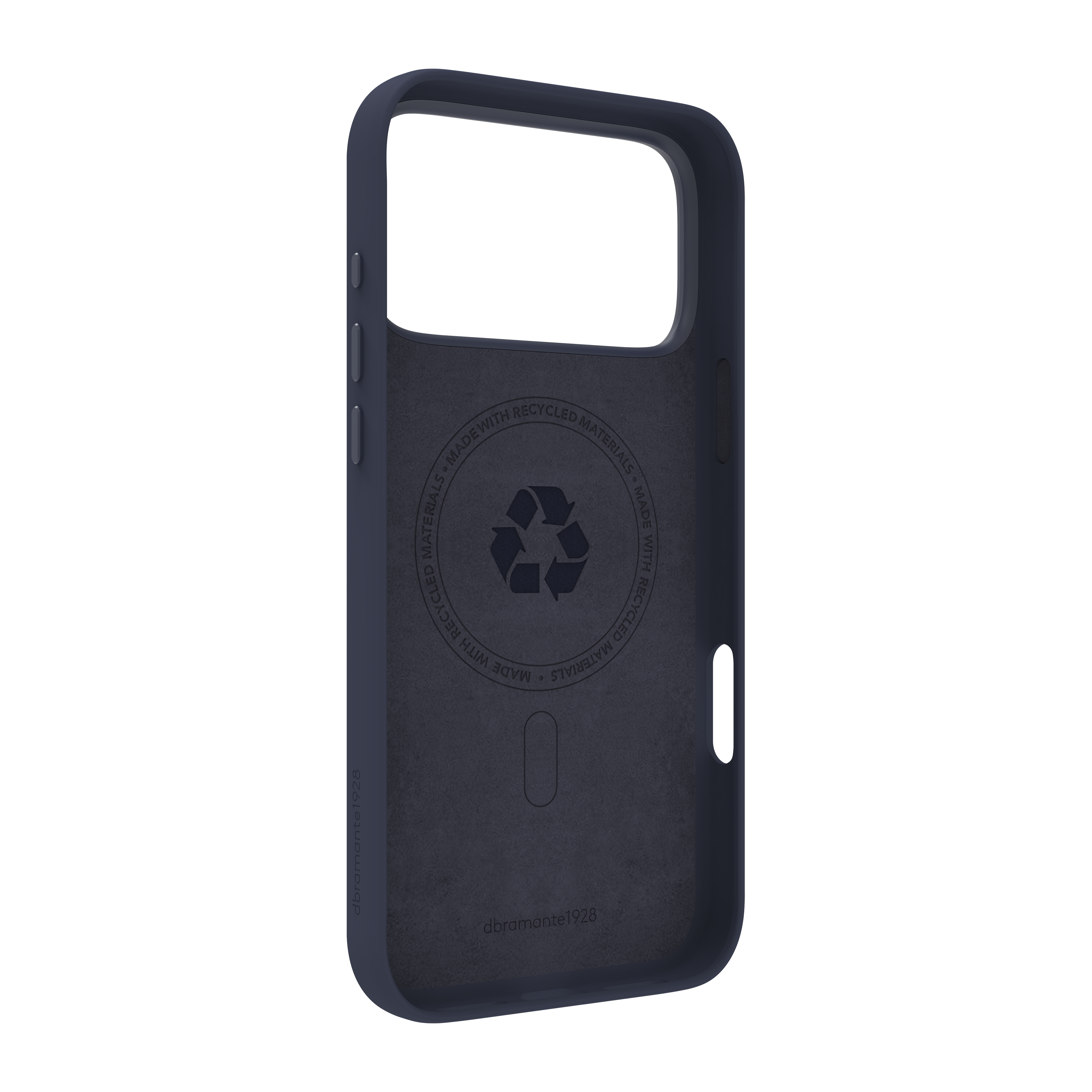 Une coque de téléphone bleu foncé. Elle comporte un symbole de recyclage et l'inscription 'Fabriqué avec des matériaux recyclés'.