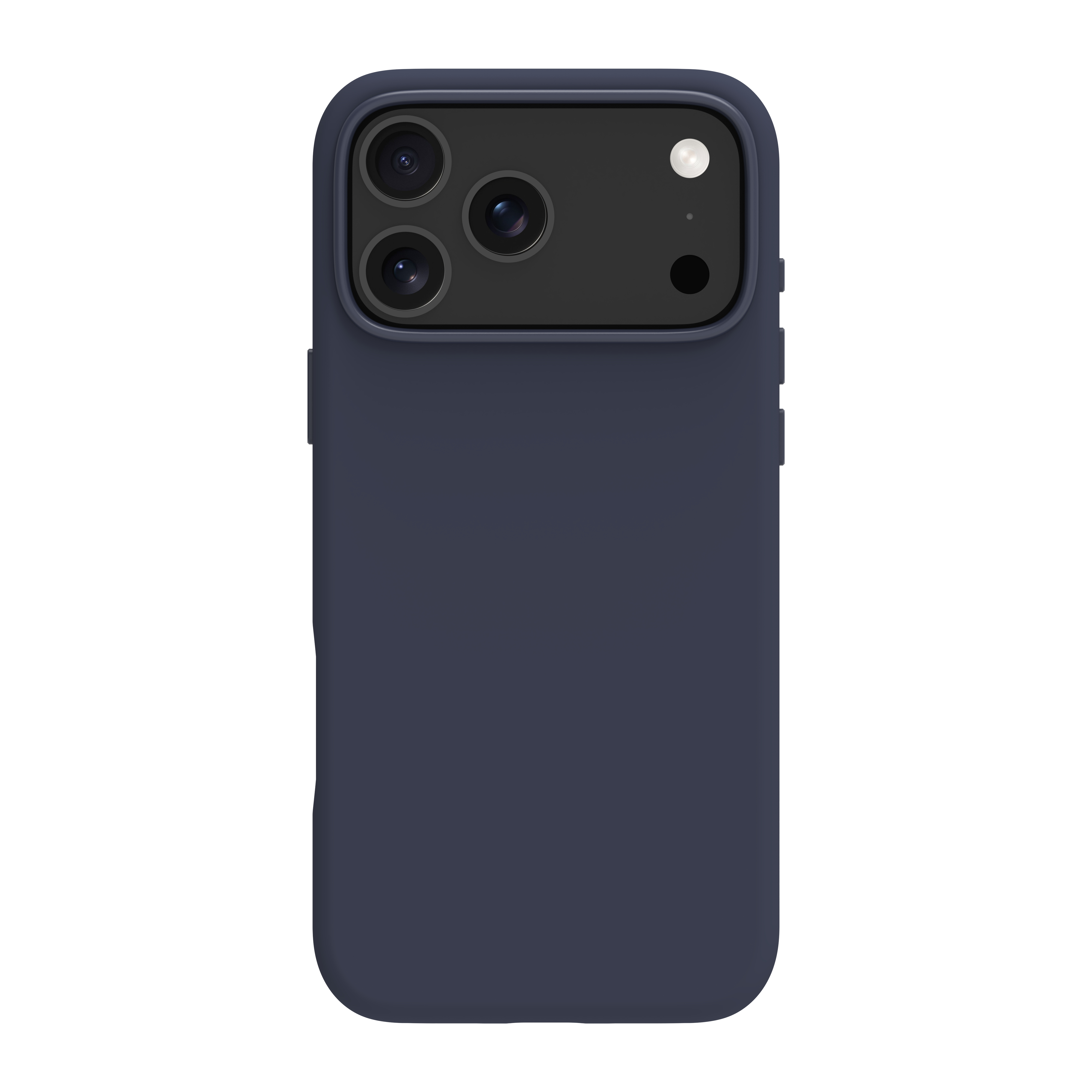 Une coque de téléphone bleu marine. Elle a trois lentilles de caméra et un flash à l'arrière. Le fond est blanc.