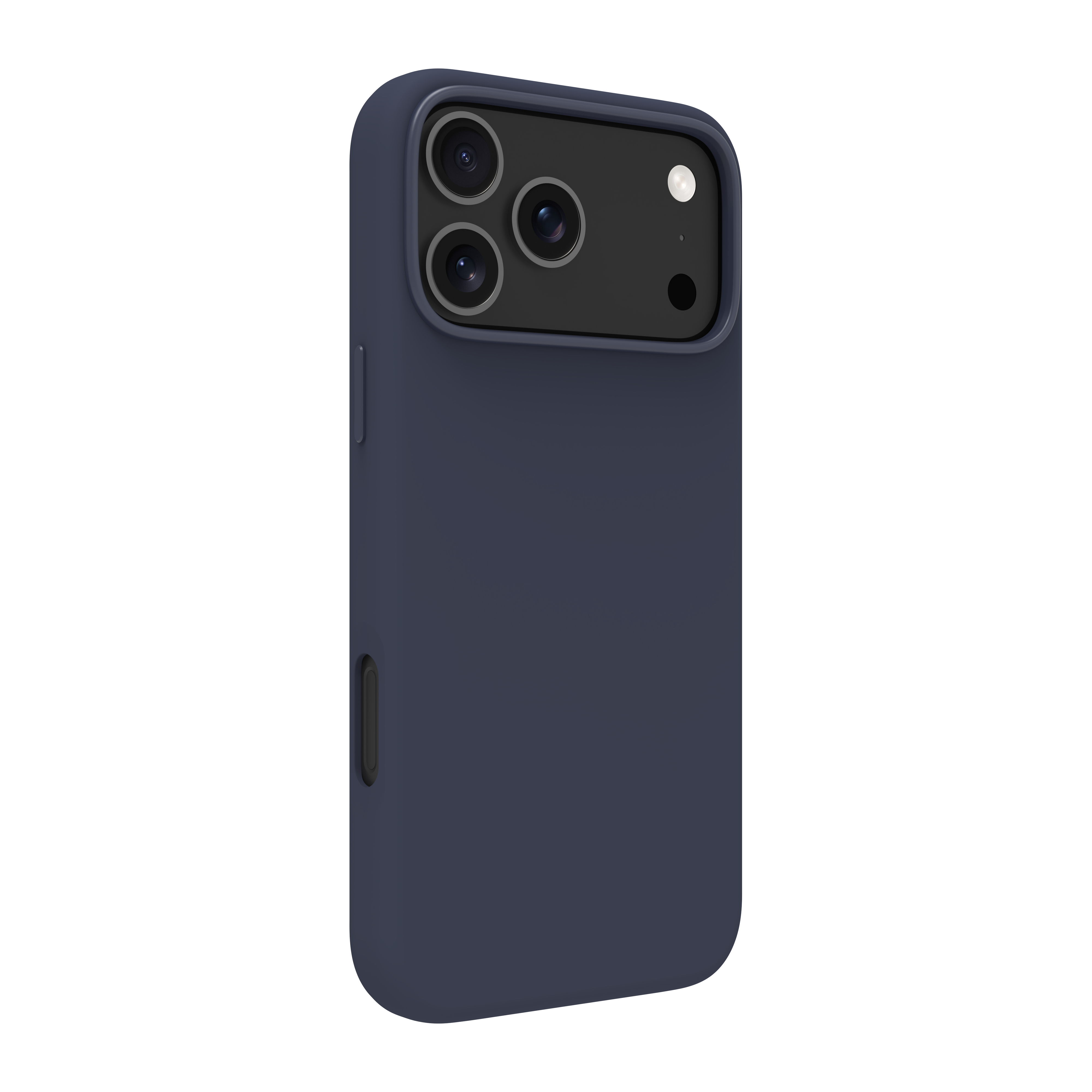 Une coque de téléphone bleu marine. La coque a un module caméra avec trois lentilles et un flash. Le fond est blanc.