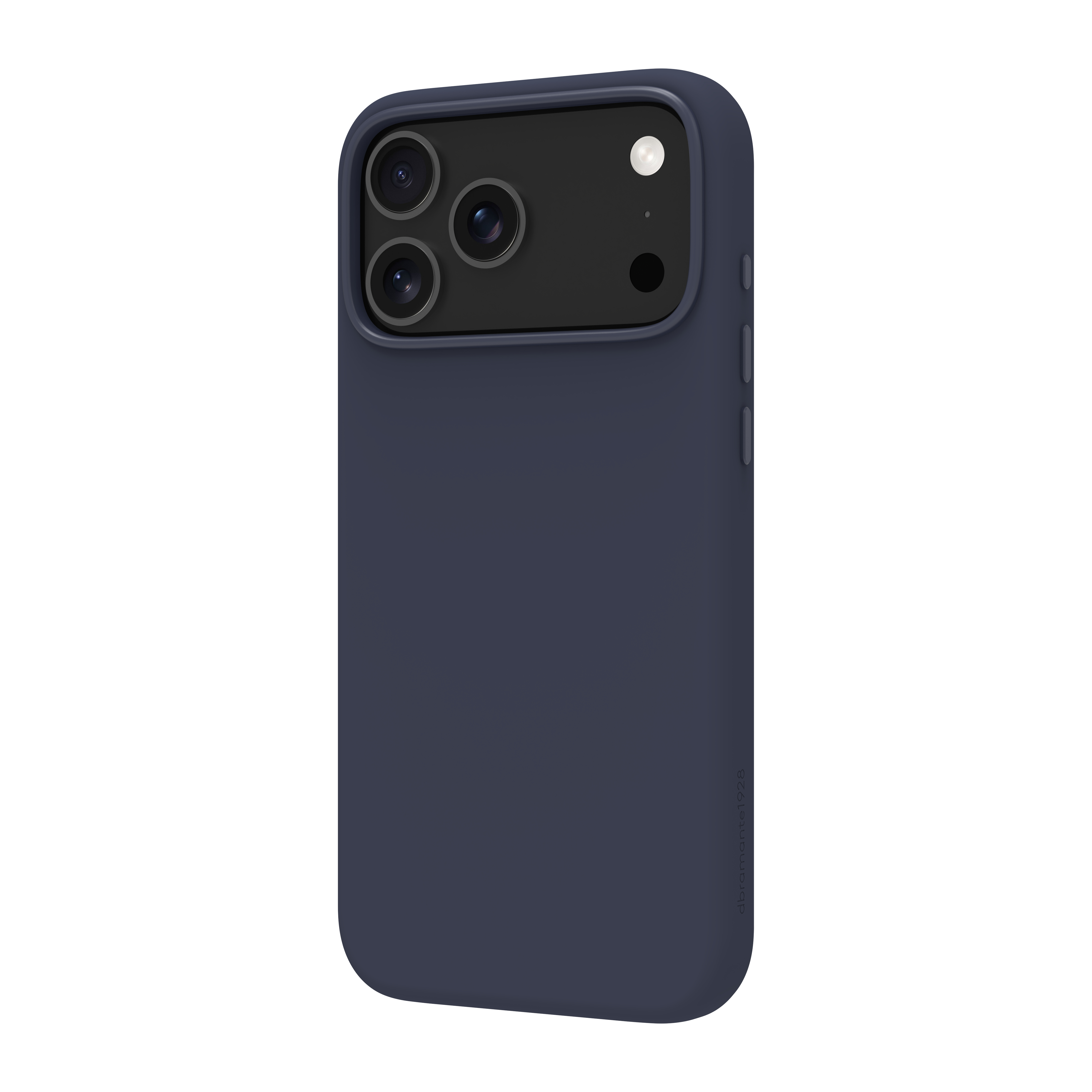 Coque de téléphone bleu foncé sur fond blanc. Elle a une découpe pour caméra avec plusieurs lentilles.