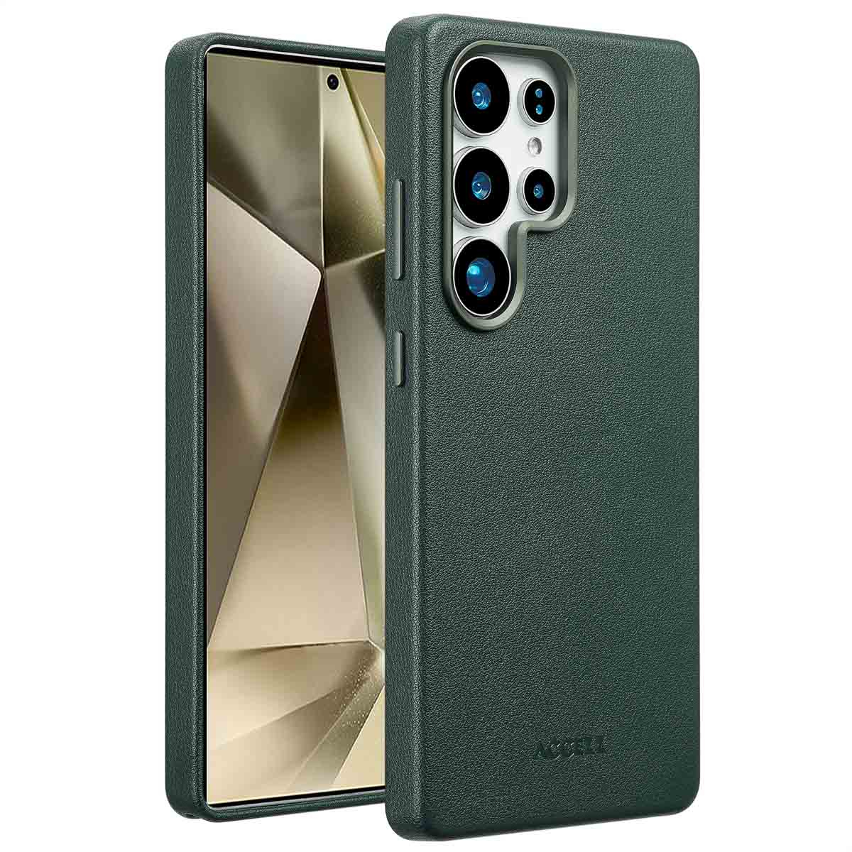 Een donkergroene telefoonhoes en een telefoon. De hoes zit rechts, de telefoon links. Beide staan ​​naast elkaar.