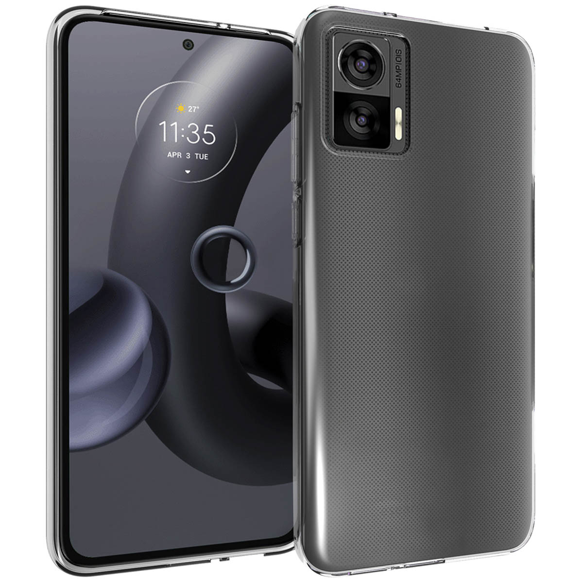 Un smartphone avec une coque transparente. L'écran affiche l'heure, la date et la météo. L'arrière a une caméra et une texture pointillée.