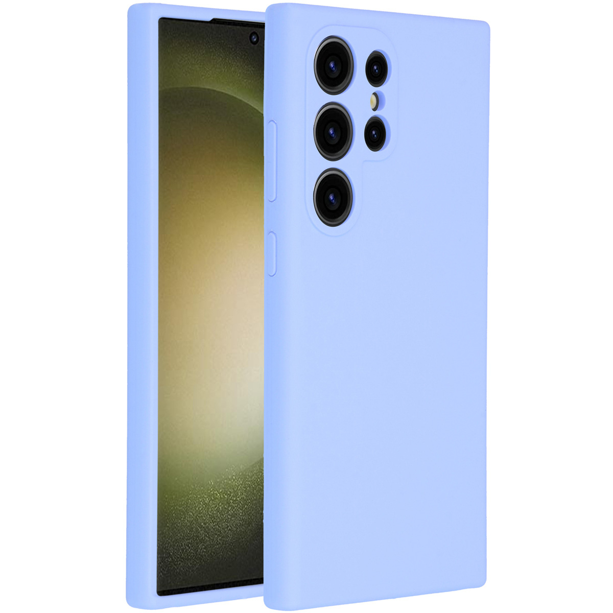 Een lichtblauwe telefoonhoes naast een telefoon. De hoes heeft camera-uitsparingen en knoppen. Het scherm toont een groen-gouden verloop.