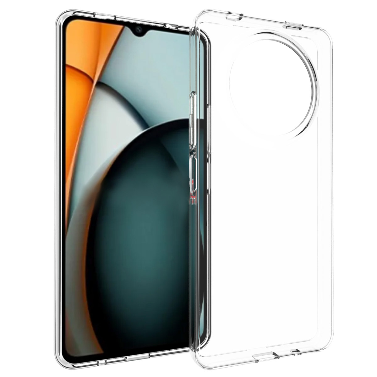 Uno smartphone in una custodia trasparente. Lo schermo mostra colori arancioni e verde acqua. La custodia è trasparente.