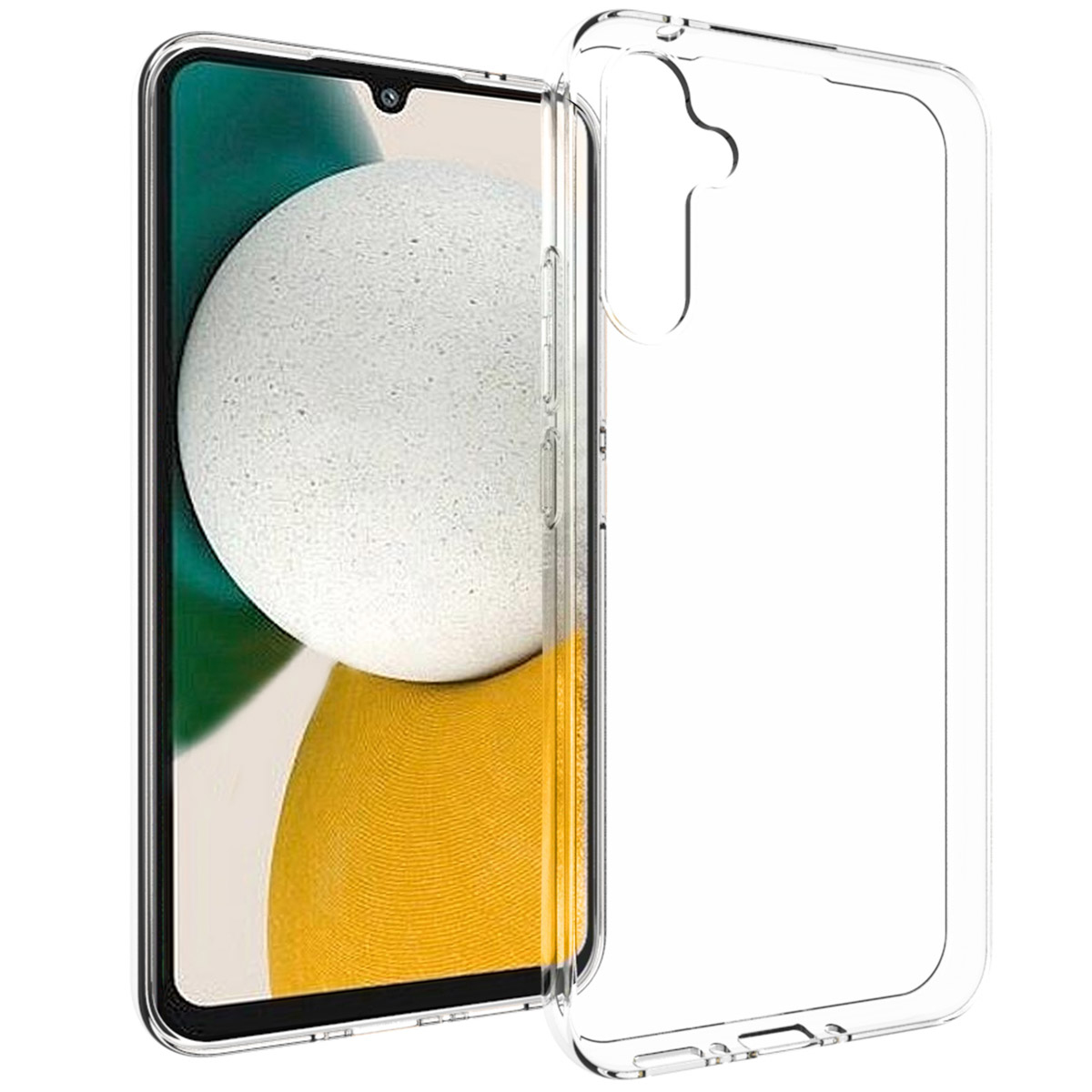 Une coque de téléphone transparente à côté d'un smartphone avec un écran affichant un design blanc et jaune.