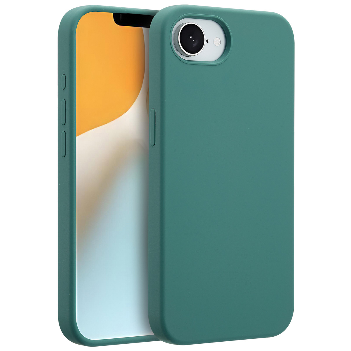 Een teal telefoonhoesje bedekt gedeeltelijk een telefoon. Het scherm van de telefoon toont een oranje verloop. De cameralens is zichtbaar.