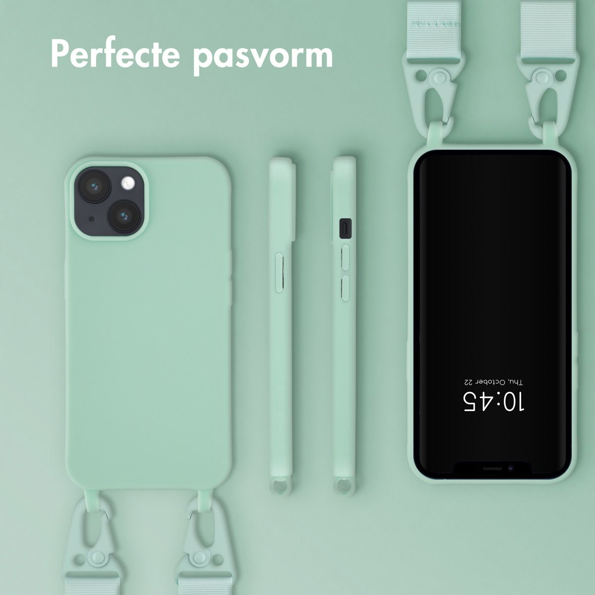 Een mintgroene telefoonhoes met een bandje, met de tijd op de telefoon. Verschillende hoesjes en onderdelen zijn zichtbaar.