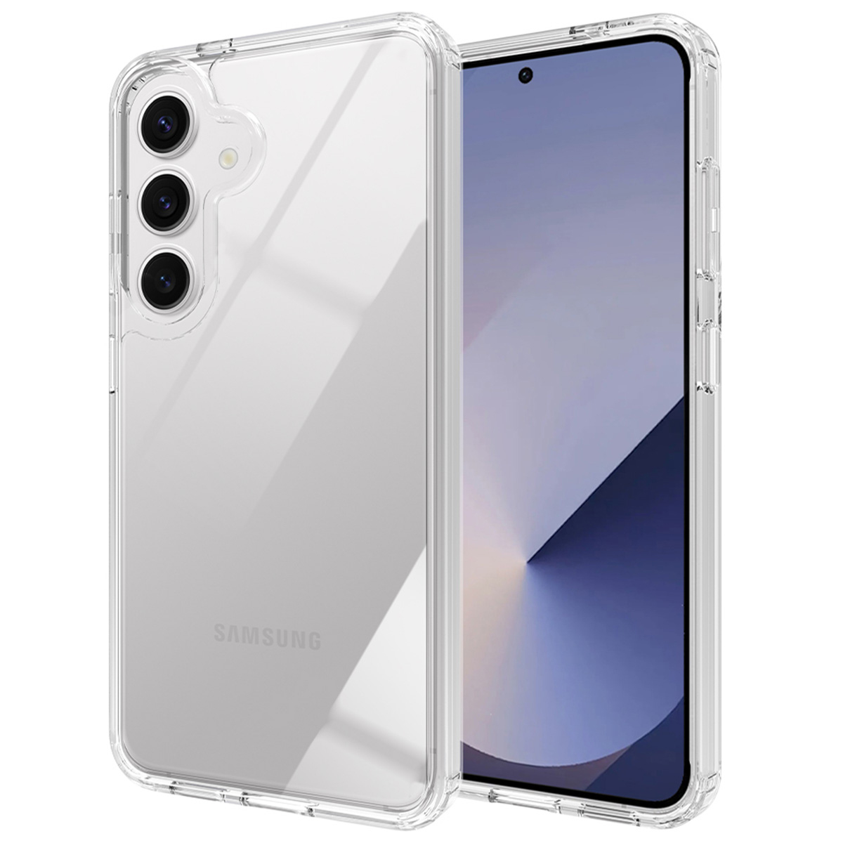 Eine transparente Handyhülle mit einem Handy darin. Das Handy hat einen Bildschirm mit blauen und weißen Farben.