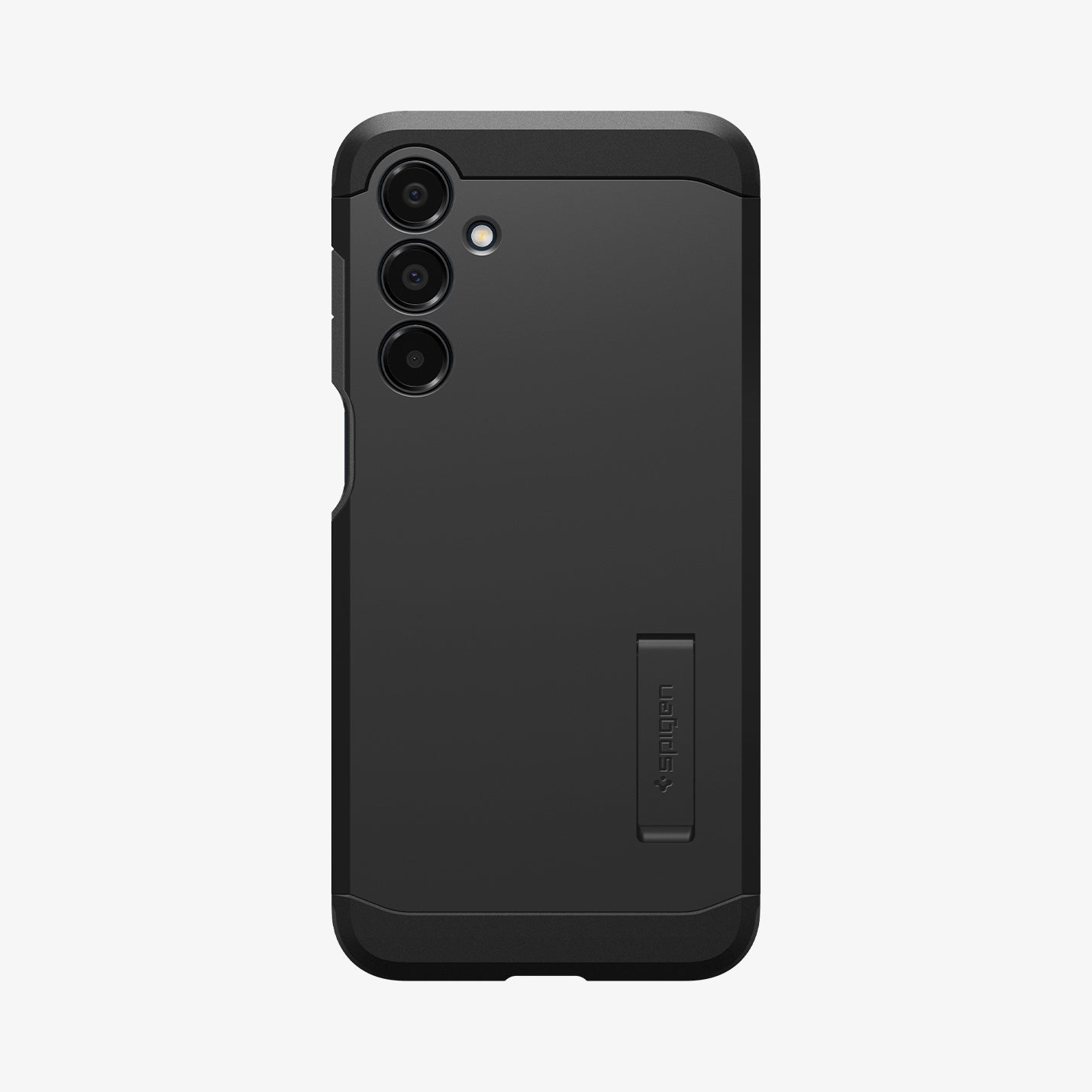 Zwarte telefoonhoes met camera-uitsparingen en een standaard. De merknaam 'Spigen' is zichtbaar op de standaard.
