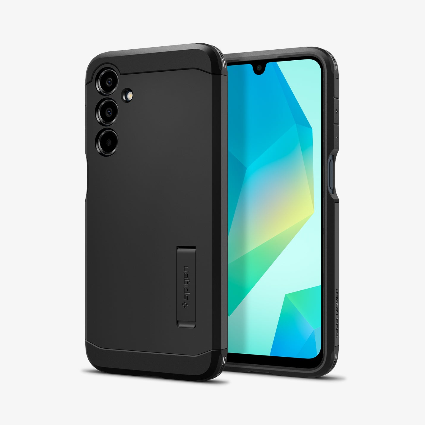 Een zwarte telefoonhoes en een smartphone. Het scherm van de telefoon toont een kleurrijk geometrisch ontwerp. De hoes heeft het merk 'Spigen'.