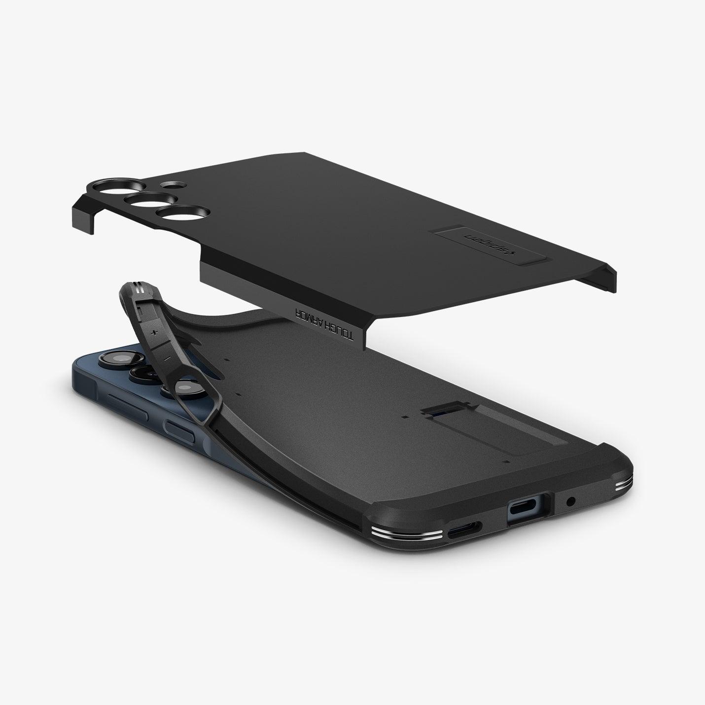 Een zwarte telefoonhoes met een losgemaakt bovendeel. De telefoon is blauw. De hoes is gelabeld met 'TOUGH ARMOR' en 'Spigen'.