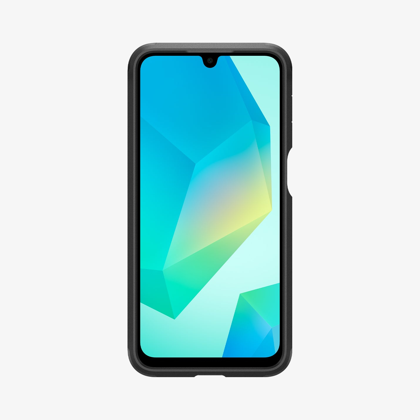 Een smartphone met een zwart frame en een scherm met een blauw en geel geometrisch ontwerp. De achtergrond is wit.