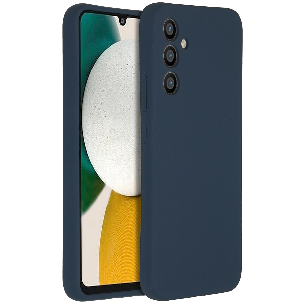 Une coque de téléphone bleu foncé sur un smartphone. L'écran affiche un fond blanc et jaune.