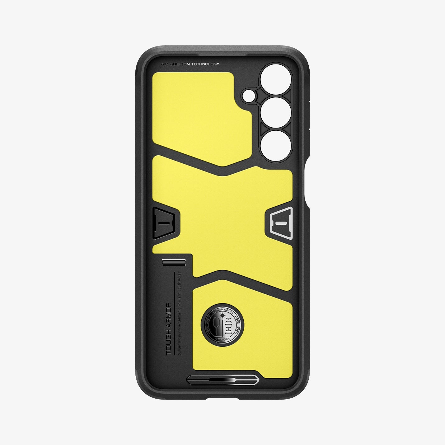 Een telefoonhoesje met een zwart frame en een gele binnenkant. De case heeft een camera-uitsparing en de merknaam 'TOUGH ARMOR'.