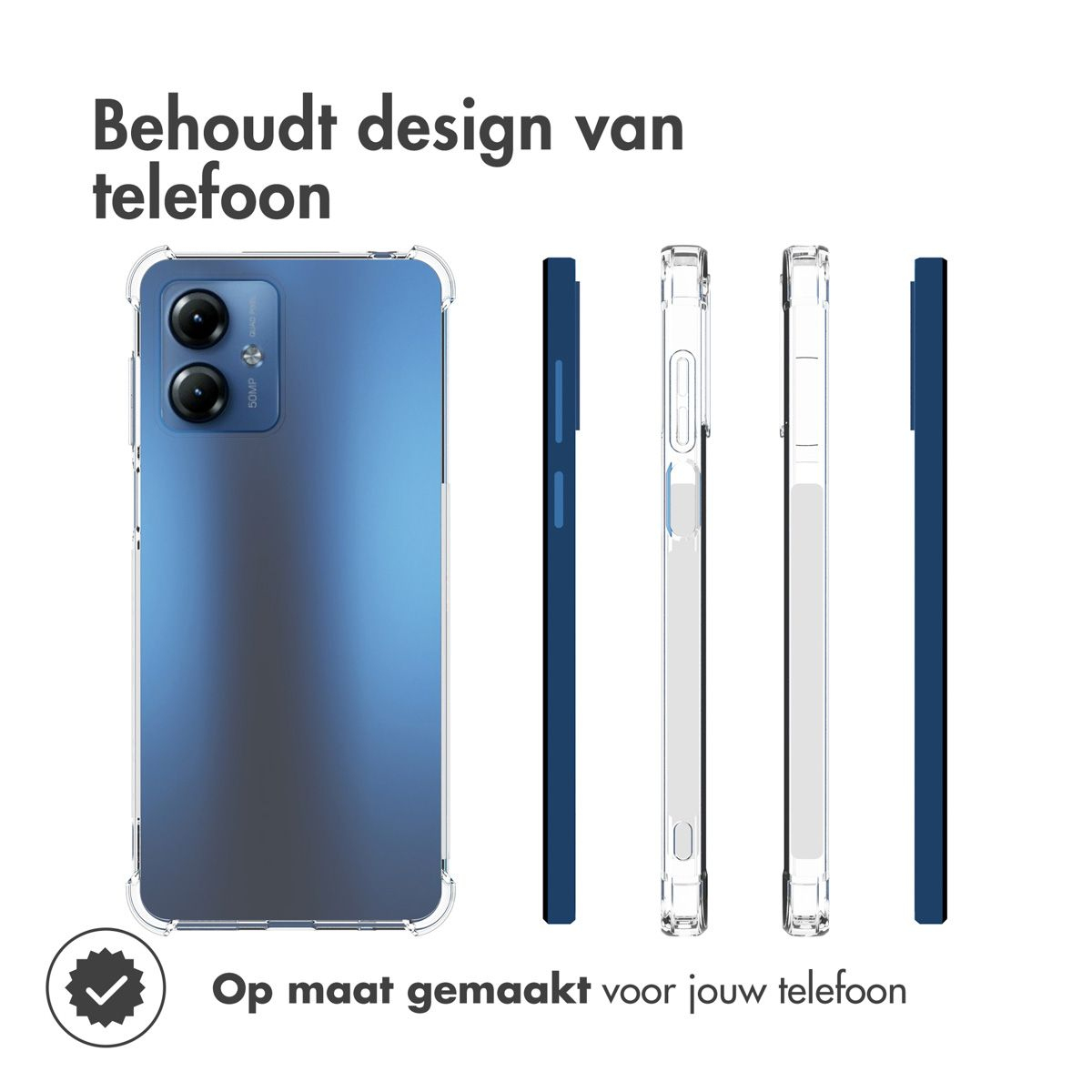 Un telefono blu con custodia trasparente e diversi esempi di custodie sono visualizzati su sfondo bianco. Testo in olandese.