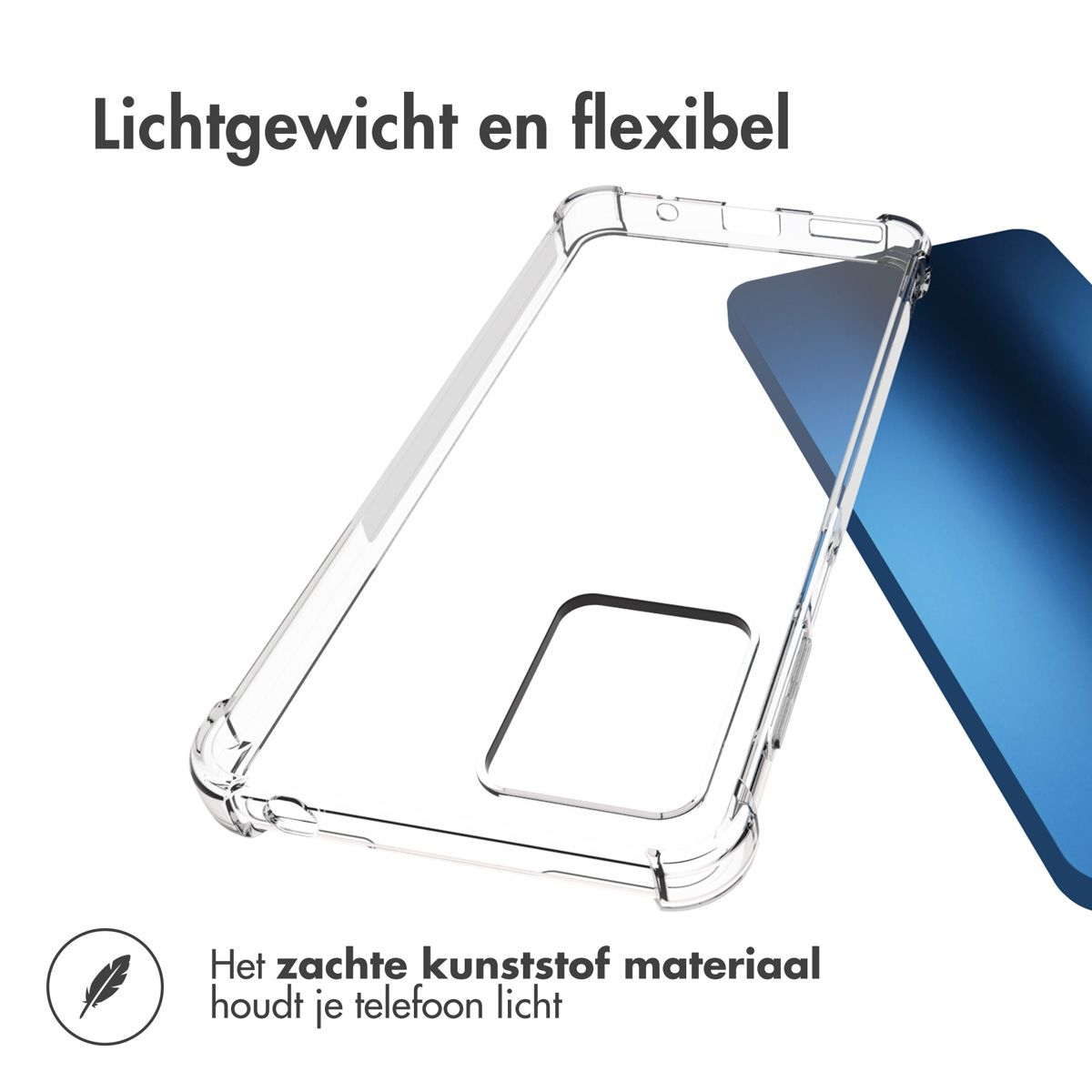 Custodia trasparente per telefono, con contorno del telefono. Testo: Leggero e flessibile. Il materiale plastico morbido mantiene il telefono leggero.