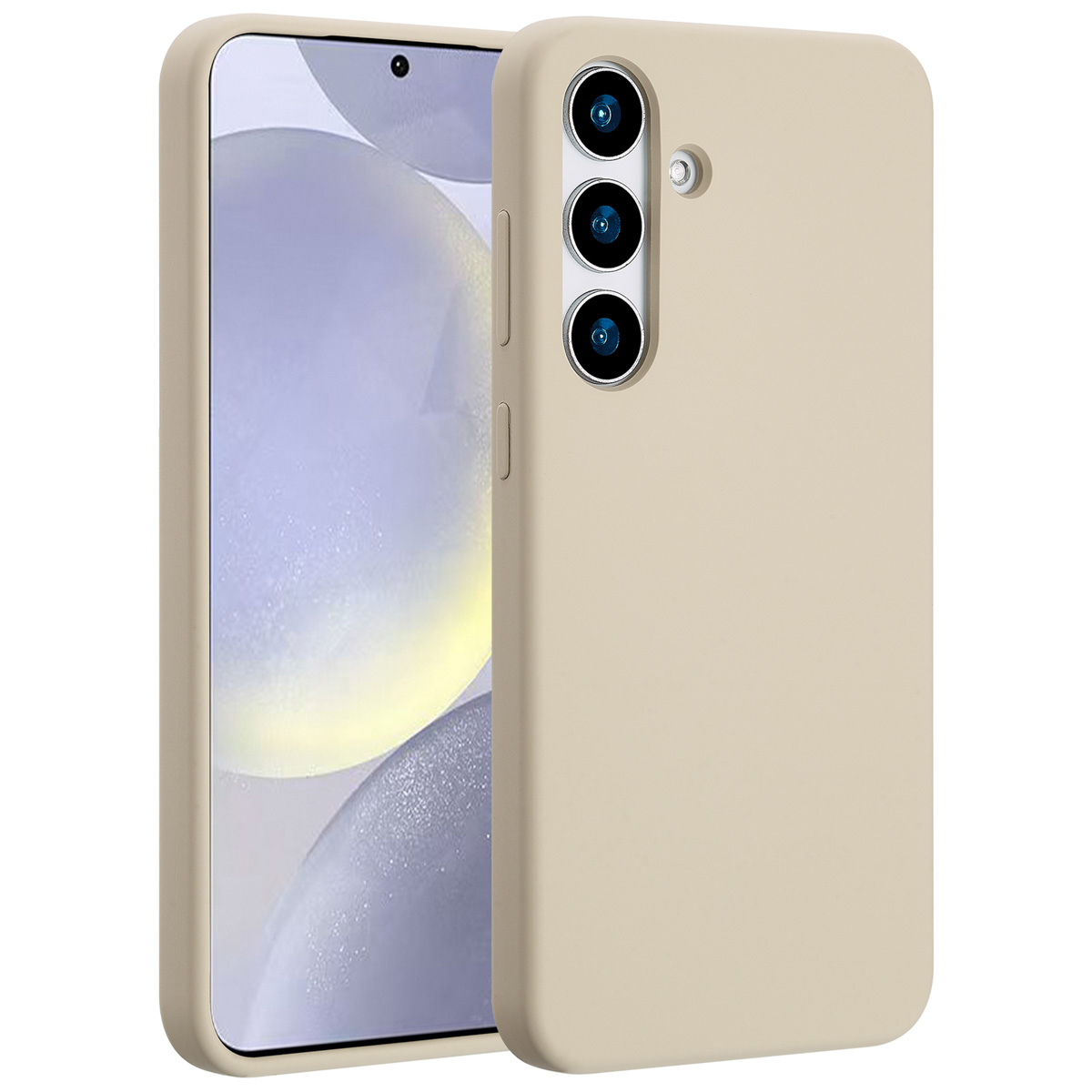 Een beige telefoonhoesje met een telefoon erin. De hoes heeft drie cameralenzen. Het telefoonscherm toont een wazige afbeelding.
