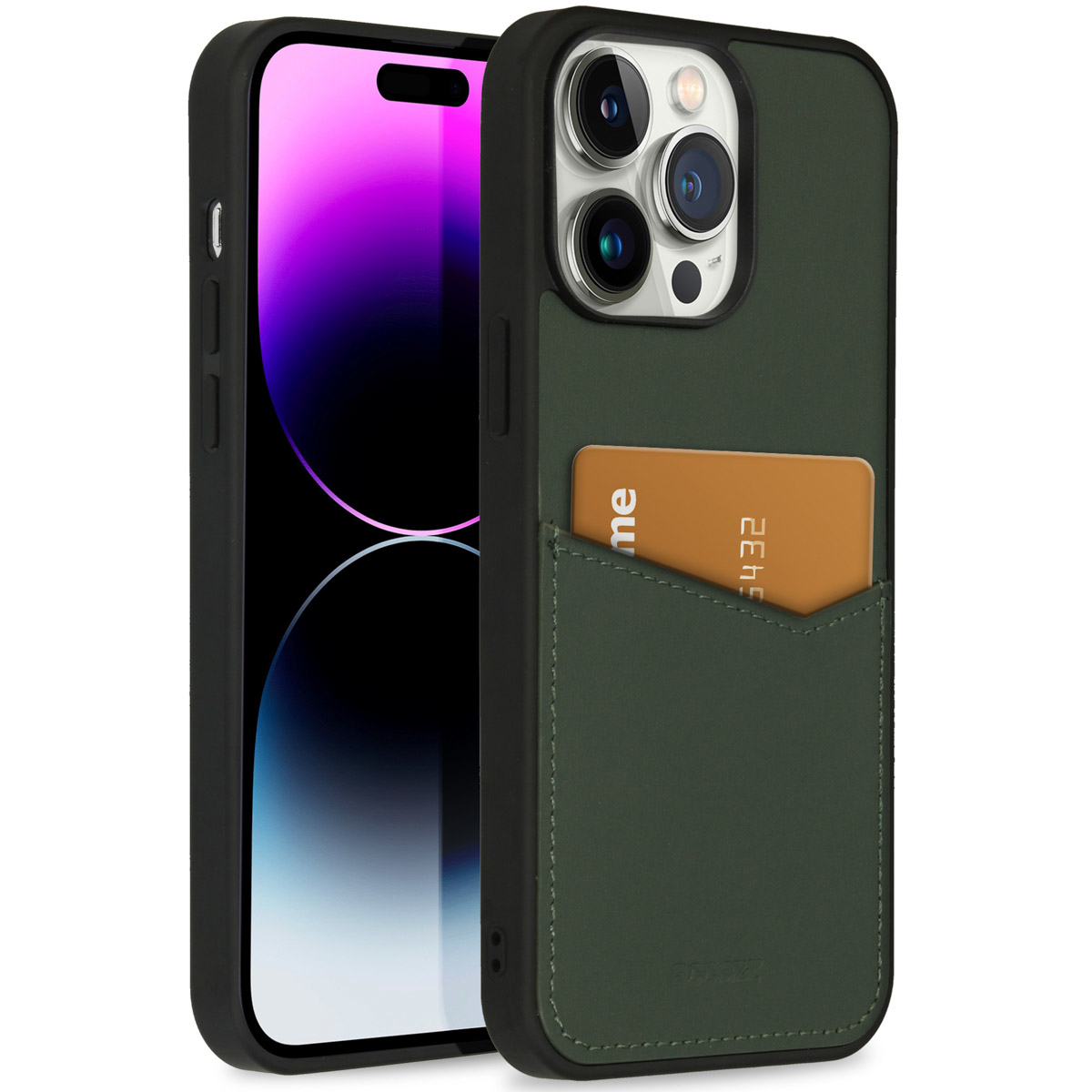 Un smartphone dans un étui vert avec une carte dans la poche. L'écran affiche un dégradé violet. L'étui a une caméra.
