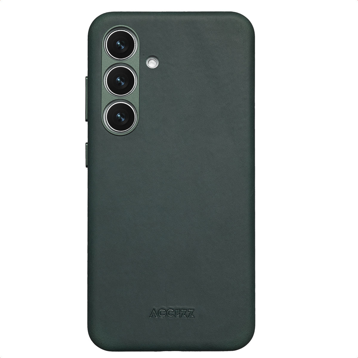 Coque de téléphone vert foncé avec trois lentilles de caméra, un flash et la marque 'ACCEZZ' en bas.