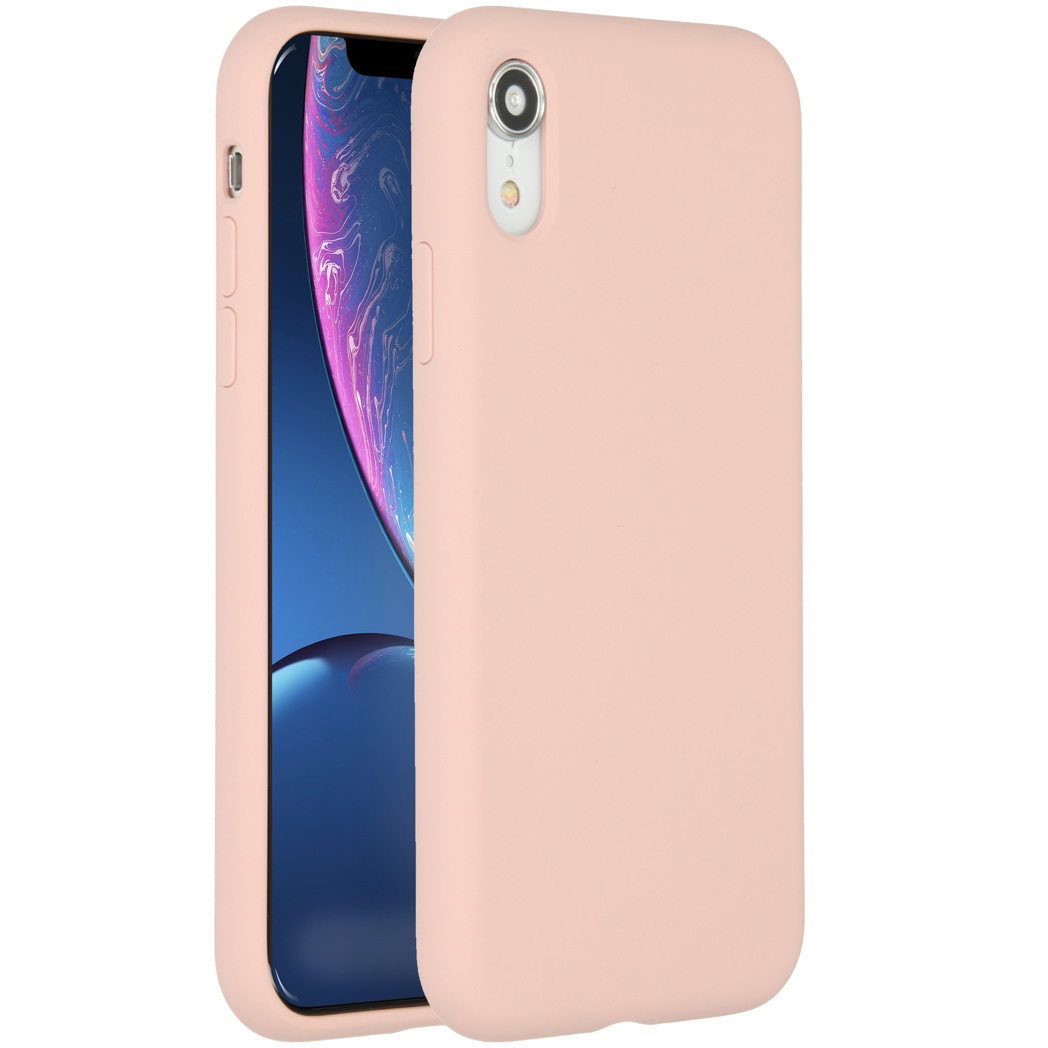 Une coque de téléphone rose sur fond blanc. L'écran affiche un fond d'écran coloré.