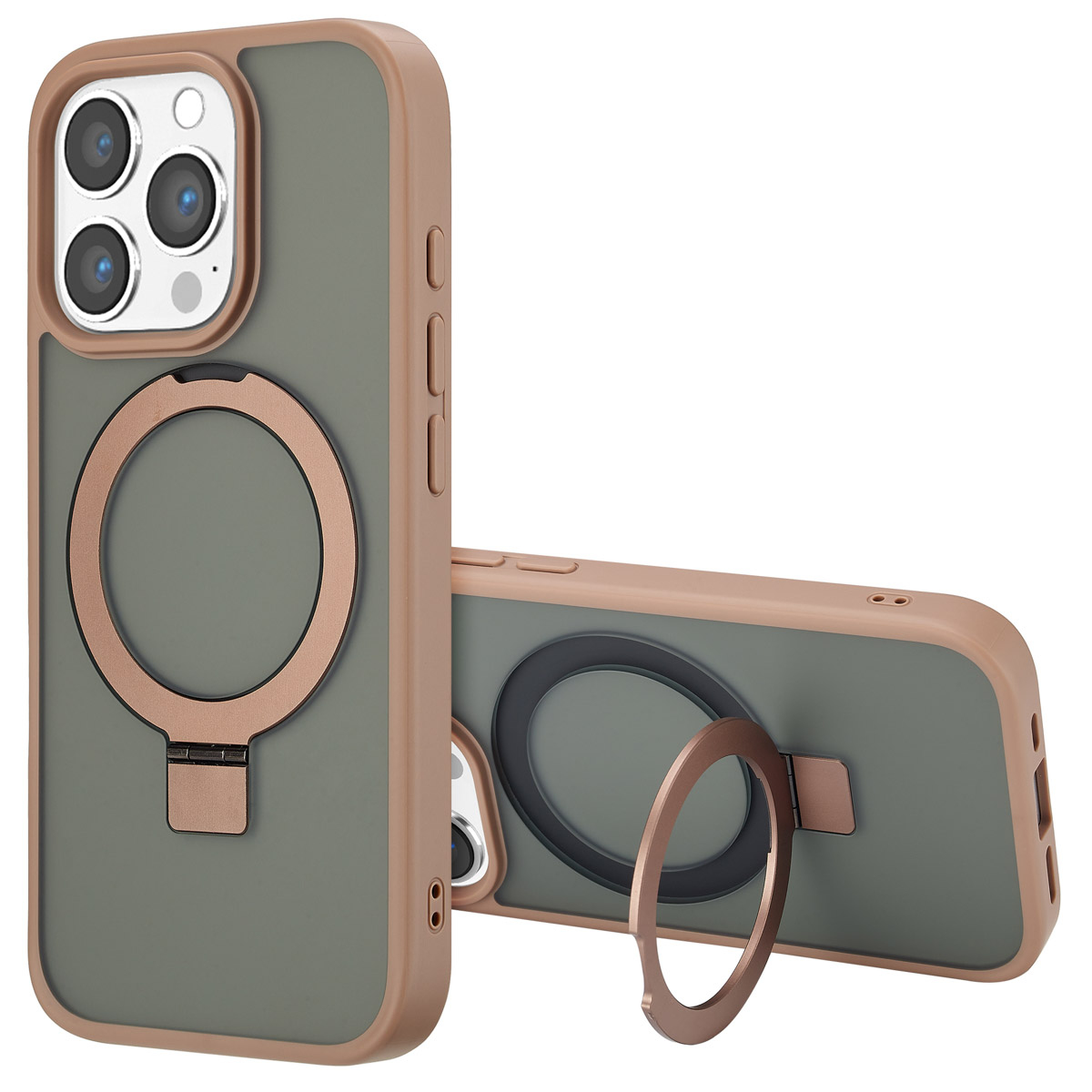 Twee telefoonhoesjes. Eén staat, de andere leunt. Beide hebben een ringhouder. De hoesjes zijn olijfgroen met een beige rand. Ringhouder is roségoud.