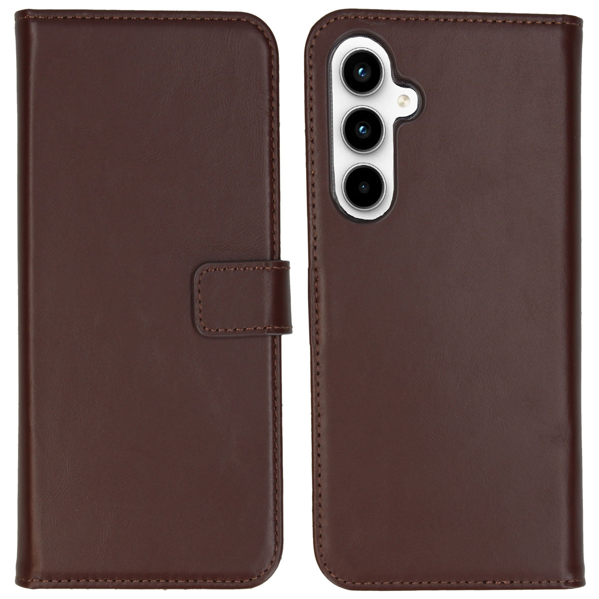 Étui de téléphone en cuir marron, ouvert. Il a un rabat avec fermeture magnétique à gauche et une découpe pour l'appareil photo à droite.