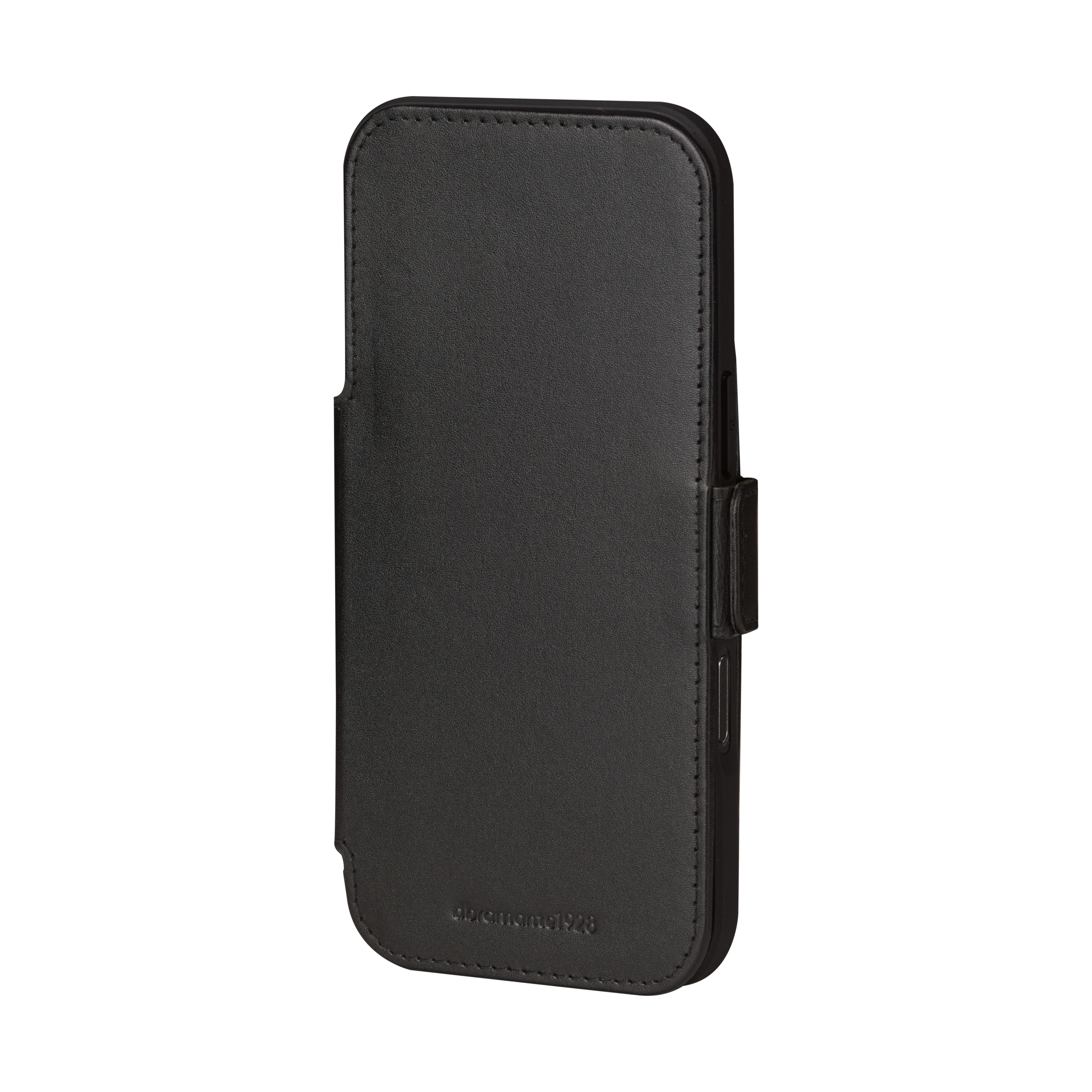 Una custodia per telefono in pelle nera con chiusura magnetica. La custodia è chiusa, su sfondo bianco.