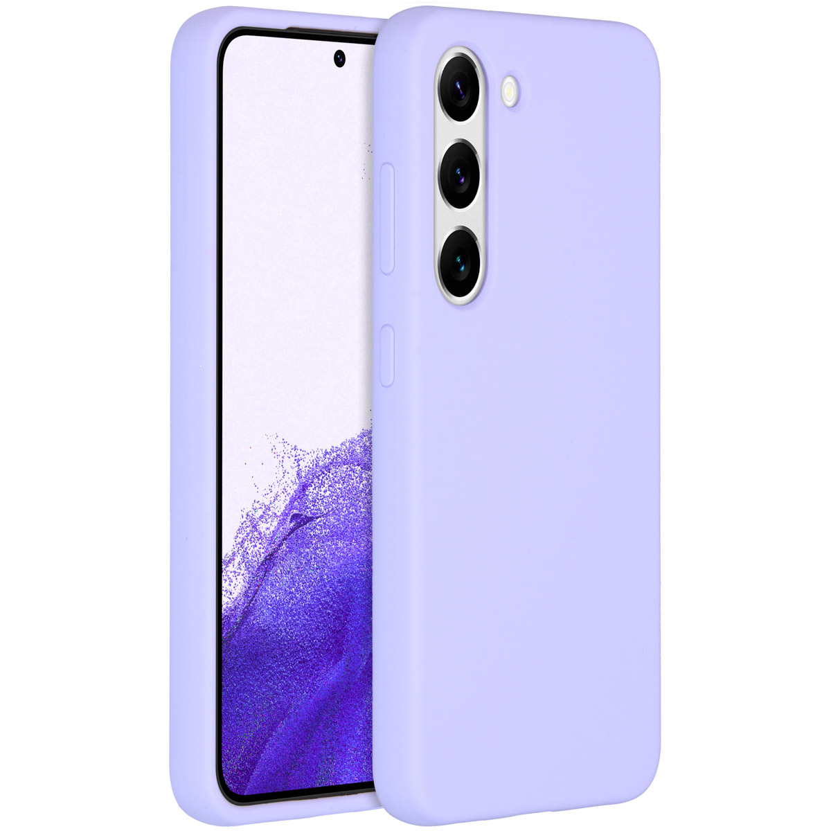 Un téléphone lavande avec un écran noir est affiché dans un étui lavande assorti. L'étui comporte trois objectifs.