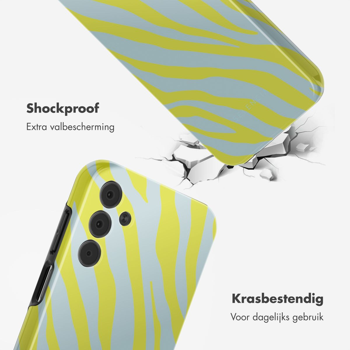Coques de téléphone avec motif zébré jaune et bleu. Une coque brise une surface blanche. Texte : Antichoc, Résistant aux rayures.