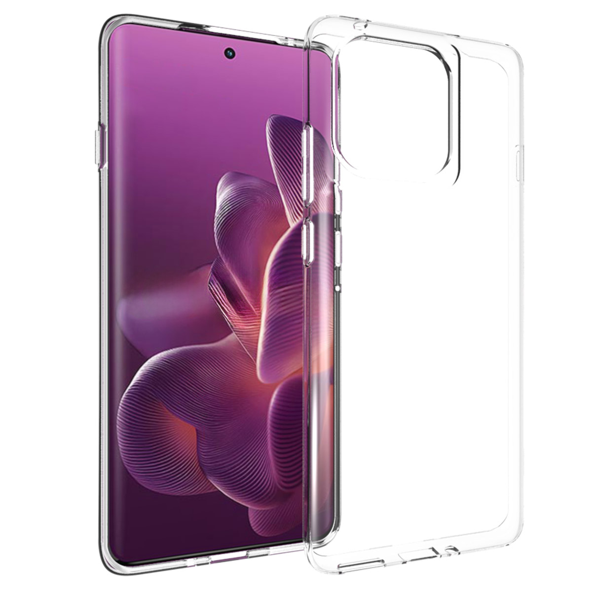 Una custodia trasparente per telefono accanto a uno smartphone con un design floreale viola sullo schermo.