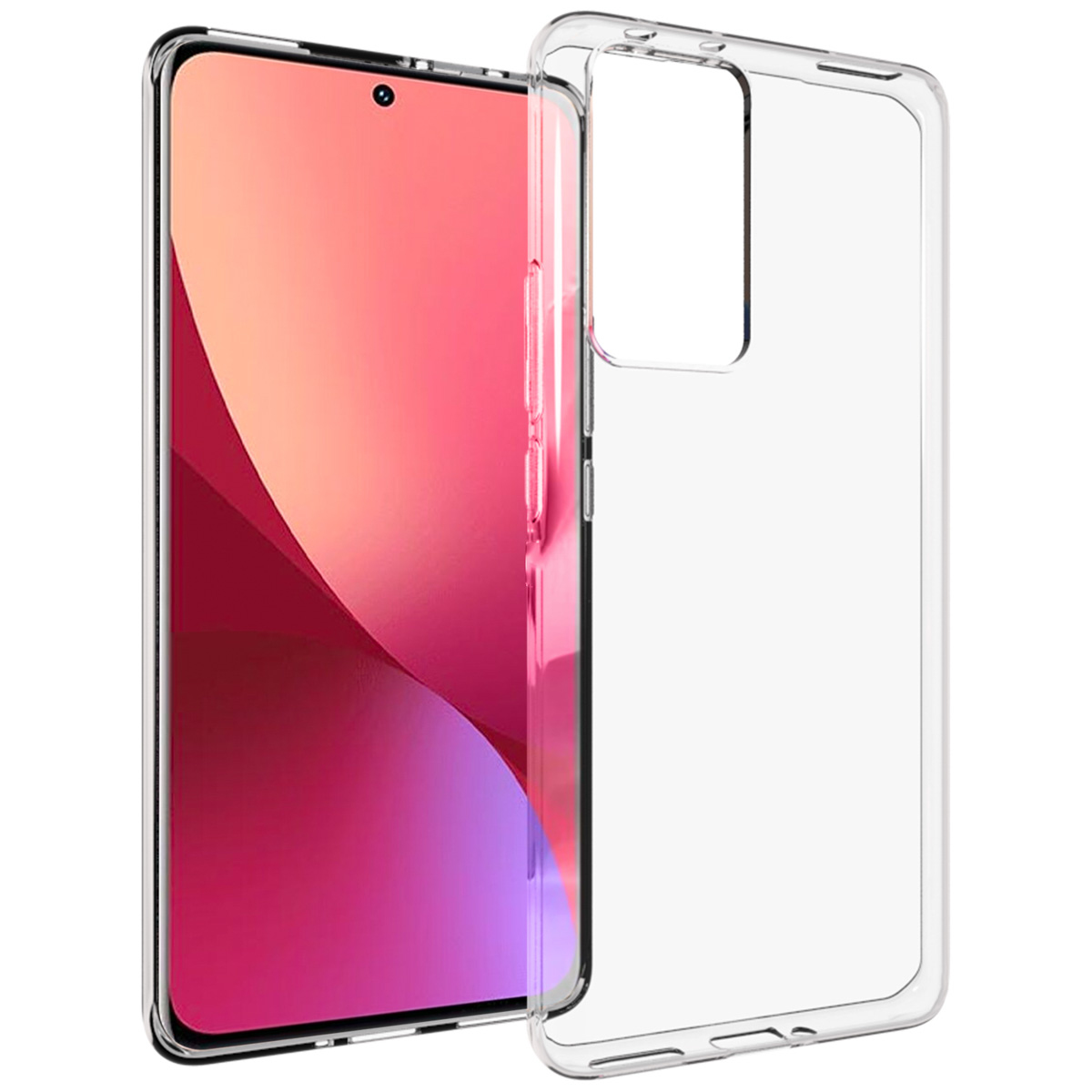 Een smartphone met een roze scherm in een doorzichtige beschermhoes. De hoes is open.