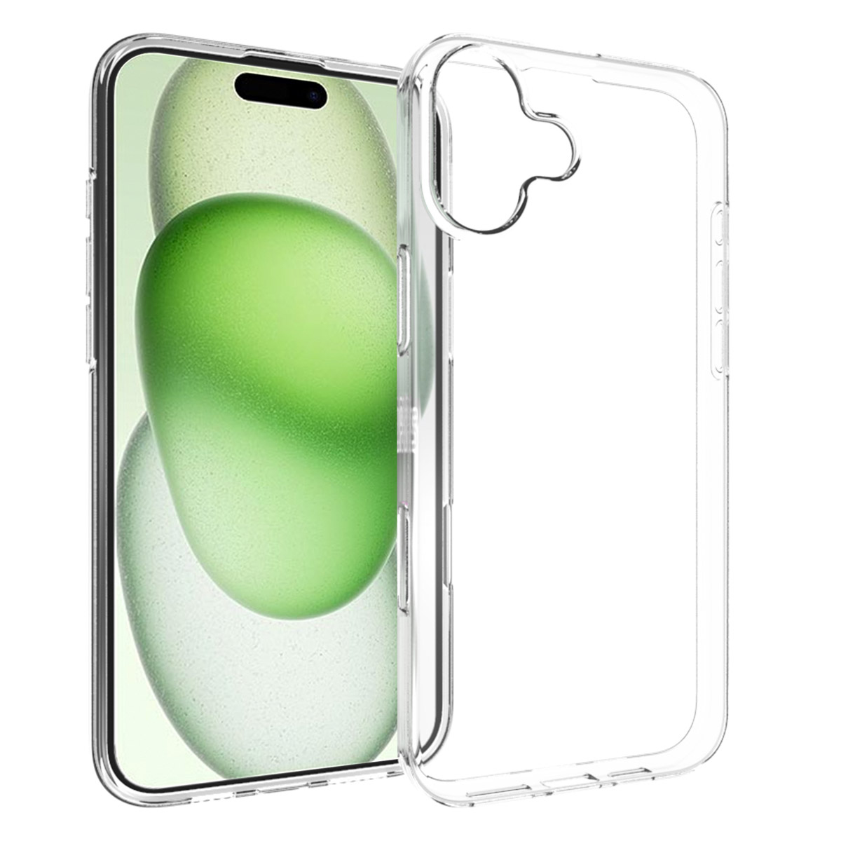 Una custodia trasparente per telefono accanto a un telefono con sfondo verde astratto. La custodia è trasparente e mostra lo schermo.