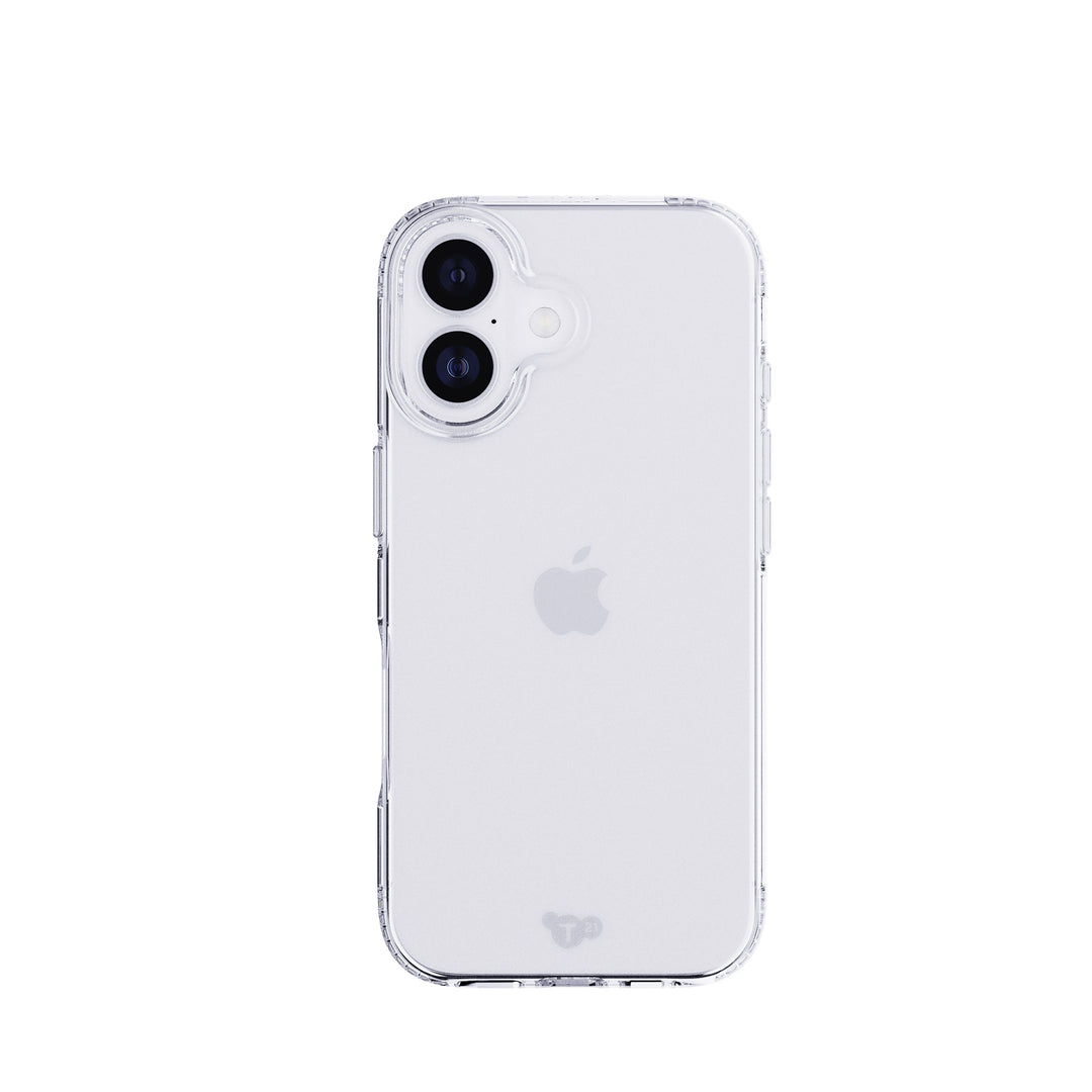 Una custodia trasparente che protegge un iPhone bianco. Visibili gli obiettivi della fotocamera, il logo Apple e un piccolo logo in basso.
