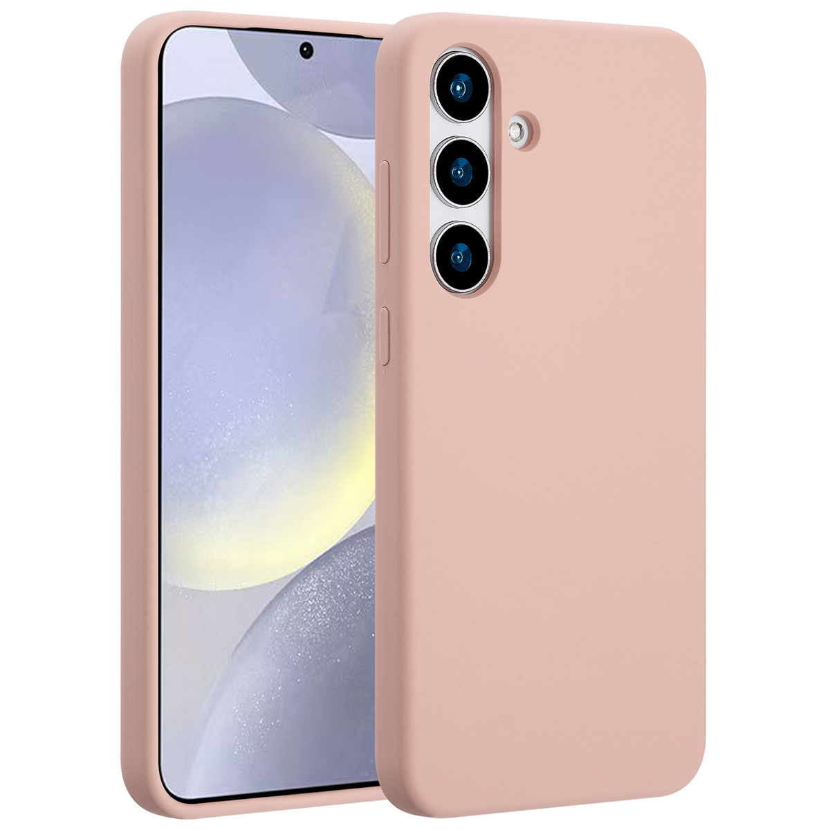 Een roze telefoonhoesje en een telefoon worden getoond. Het hoesje zit rechts en de telefoon links, beide roze.