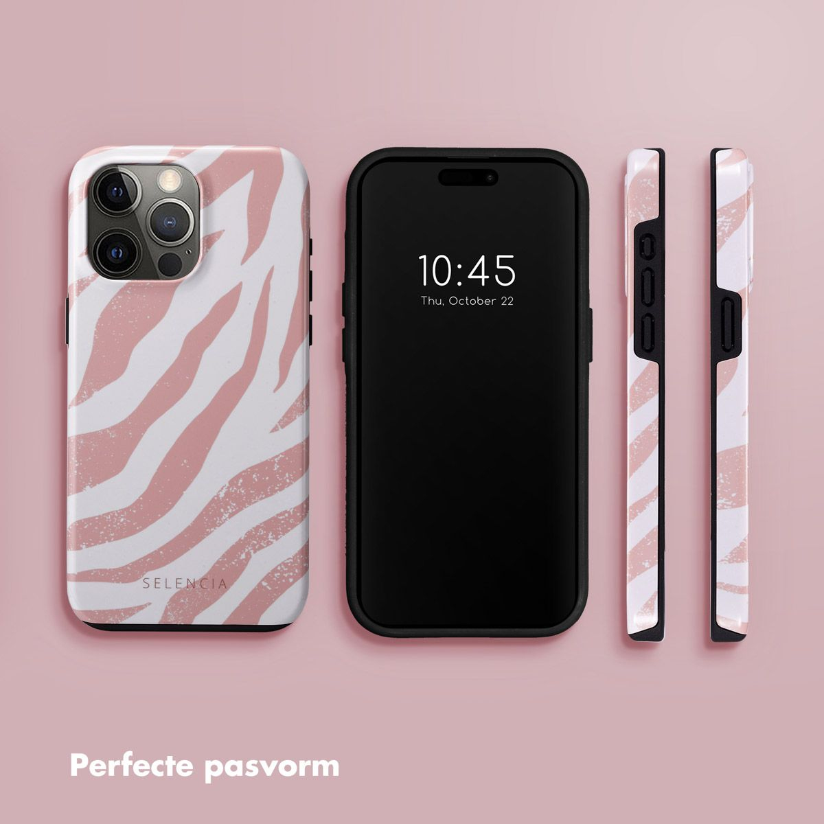 Telefoons en hoesjes met zebraprint, roze achtergrond. Eén telefoon toont de tijd 10:45. Hoesjes worden vanuit verschillende hoeken getoond.