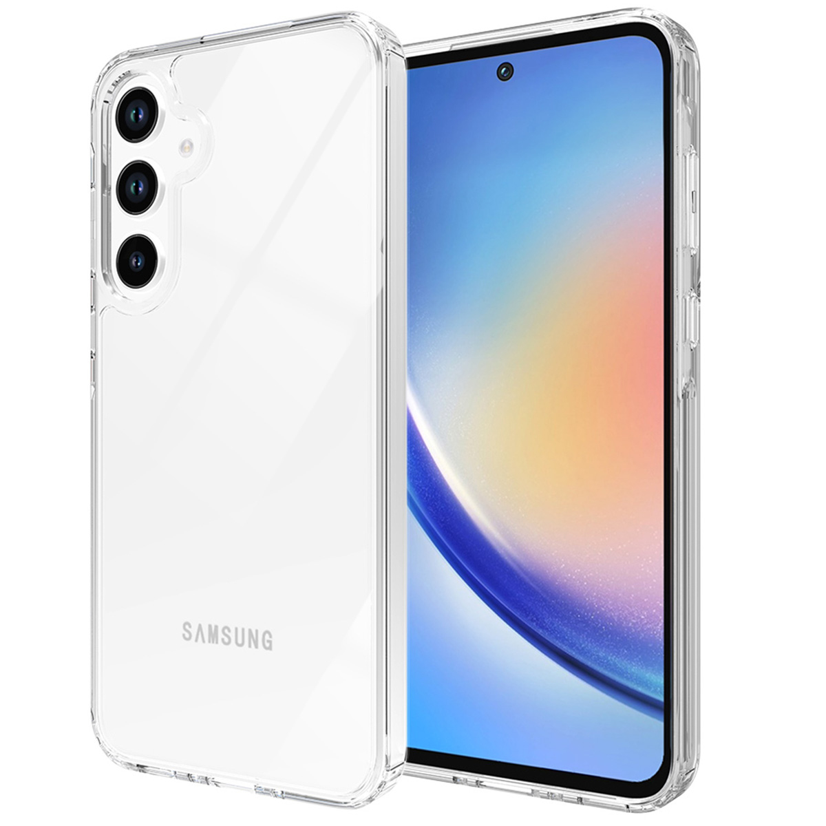 Une coque de téléphone transparente à côté d'un smartphone. Le téléphone affiche un écran coloré. La coque protège le téléphone.