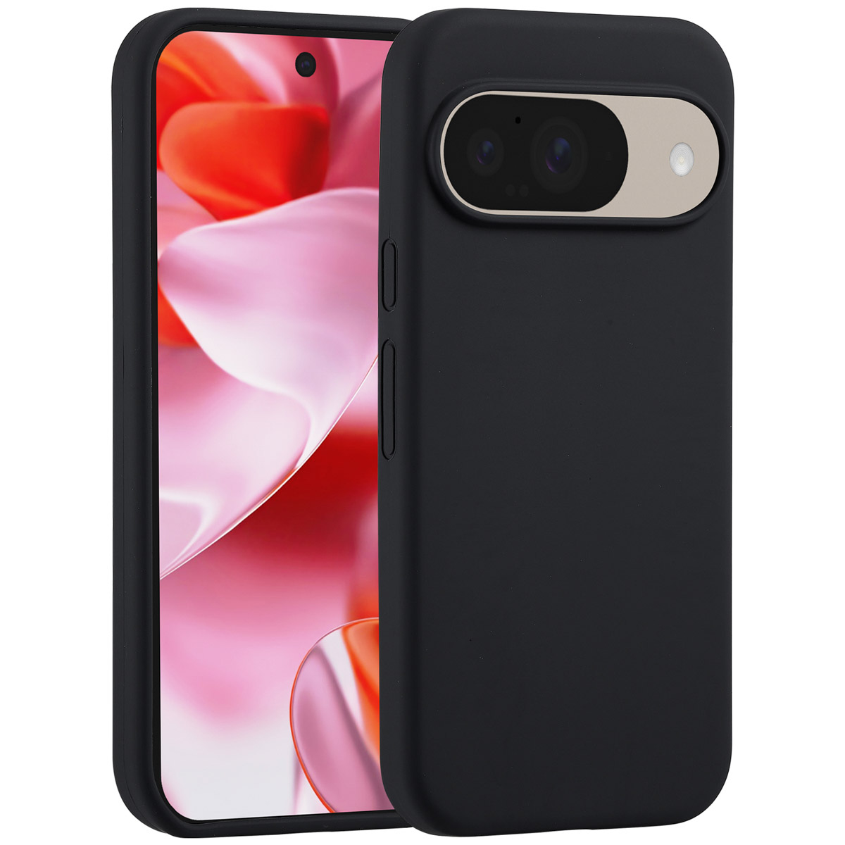 Una custodia nera per telefono accanto a un telefono. Il telefono mostra un'immagine astratta colorata. La custodia ha un ritaglio per la fotocamera.
