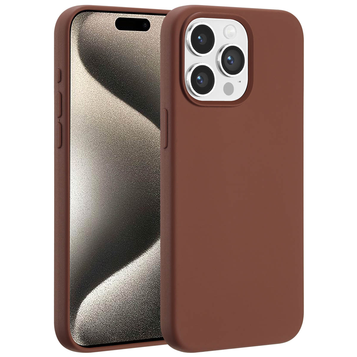 Een bruine telefoonhoes met een telefoon erin. De hoes heeft een uitsparing voor de camera en zichtbare zijknoppen. Het scherm van de telefoon is zichtbaar.