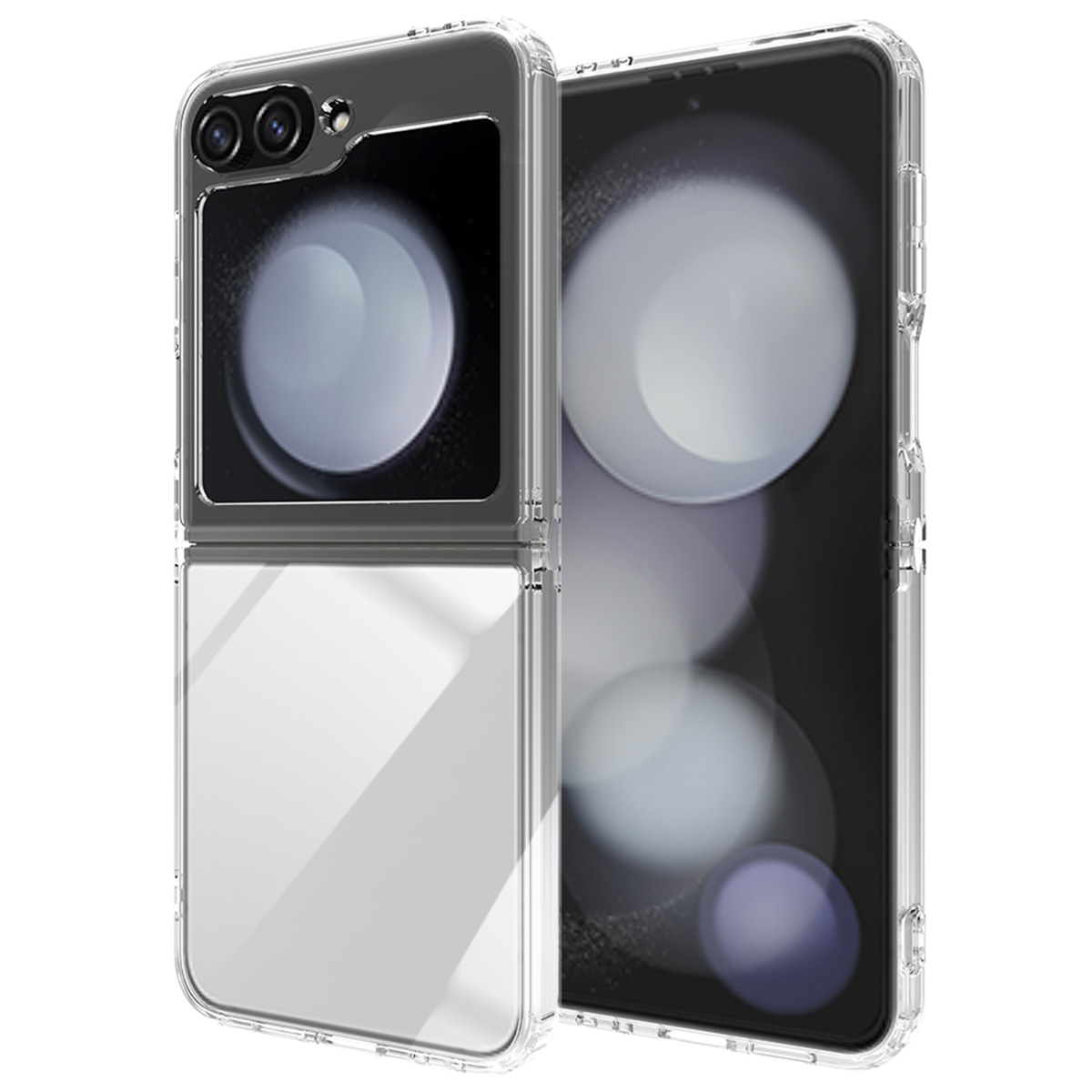 Una custodia trasparente per telefono, aperta e chiusa, che mostra un telefono. La custodia è trasparente con ritagli per la fotocamera e uno schermo liscio.