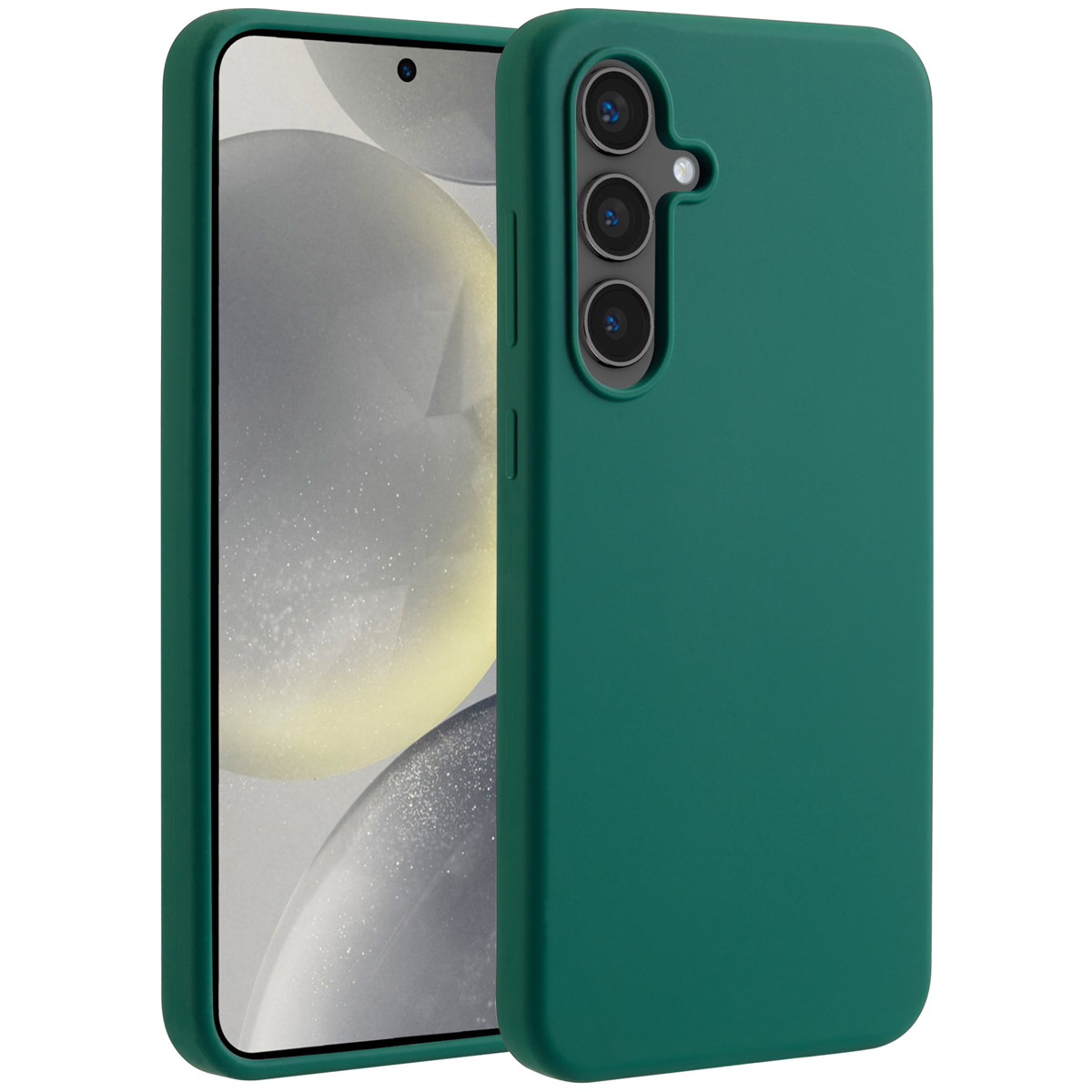 Groene telefoonhoes met drievoudige cameralenzen. Het telefoonscherm toont een abstract patroon. De hoes staat op een witte achtergrond.