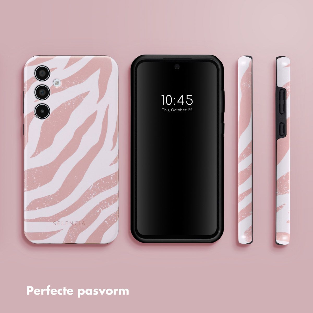Un téléphone et deux coques avec un imprimé zébré rose. Le téléphone affiche l'heure 10h45. Coques sur fond rose.