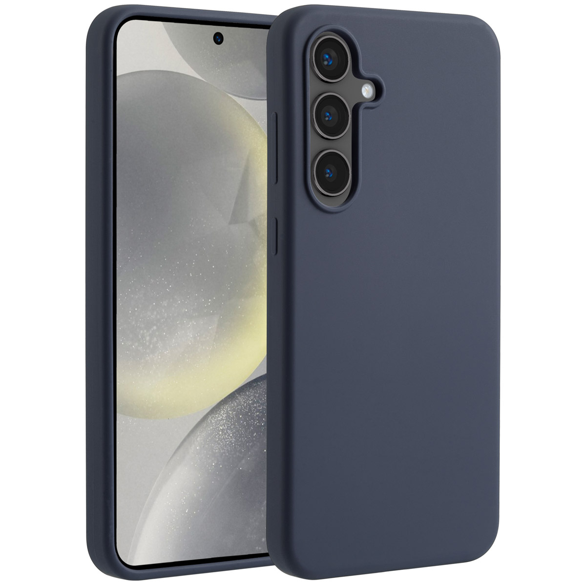 Een donkerblauwe telefoonhoes naast een smartphone met een scherm dat een vage achtergrond laat zien. De hoes heeft camera gaten.