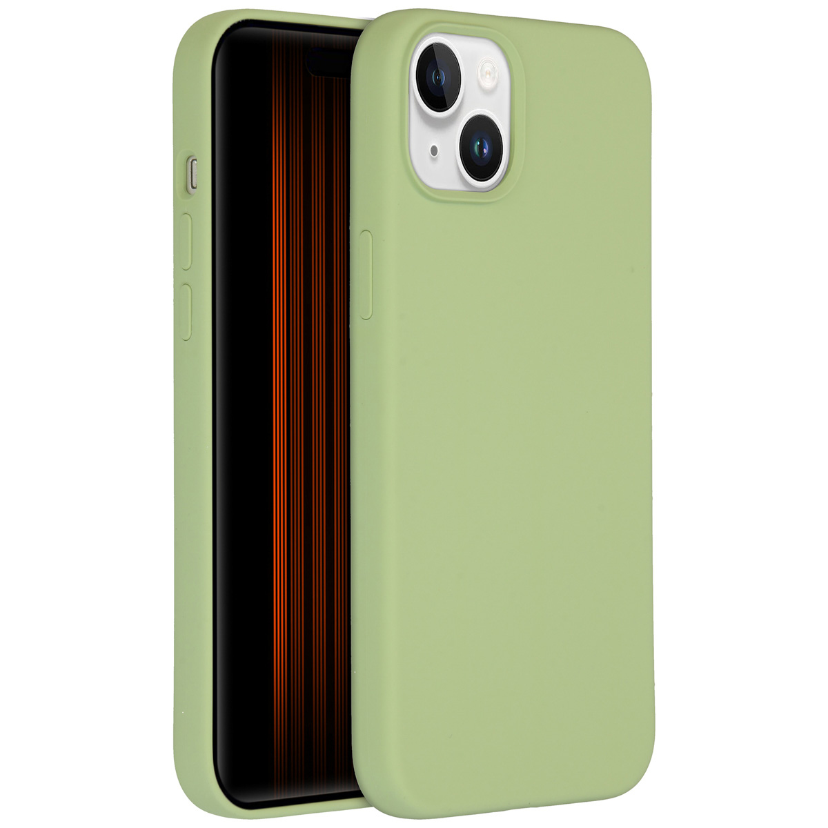 Een lichtgroene telefoonhoes met een telefoon erin. Het scherm van de telefoon is zwart met oranje verticale lijnen.