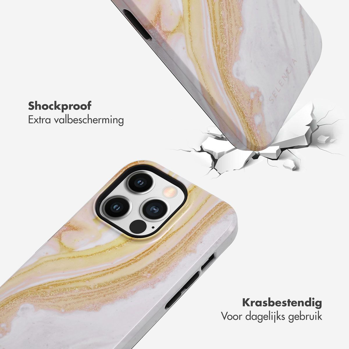 Twee telefoonhoesjes met marmertextuur, een valt, de andere ligt op de grond. Tekst zegt 'Schokbestendig' en 'Krasbestendig'.