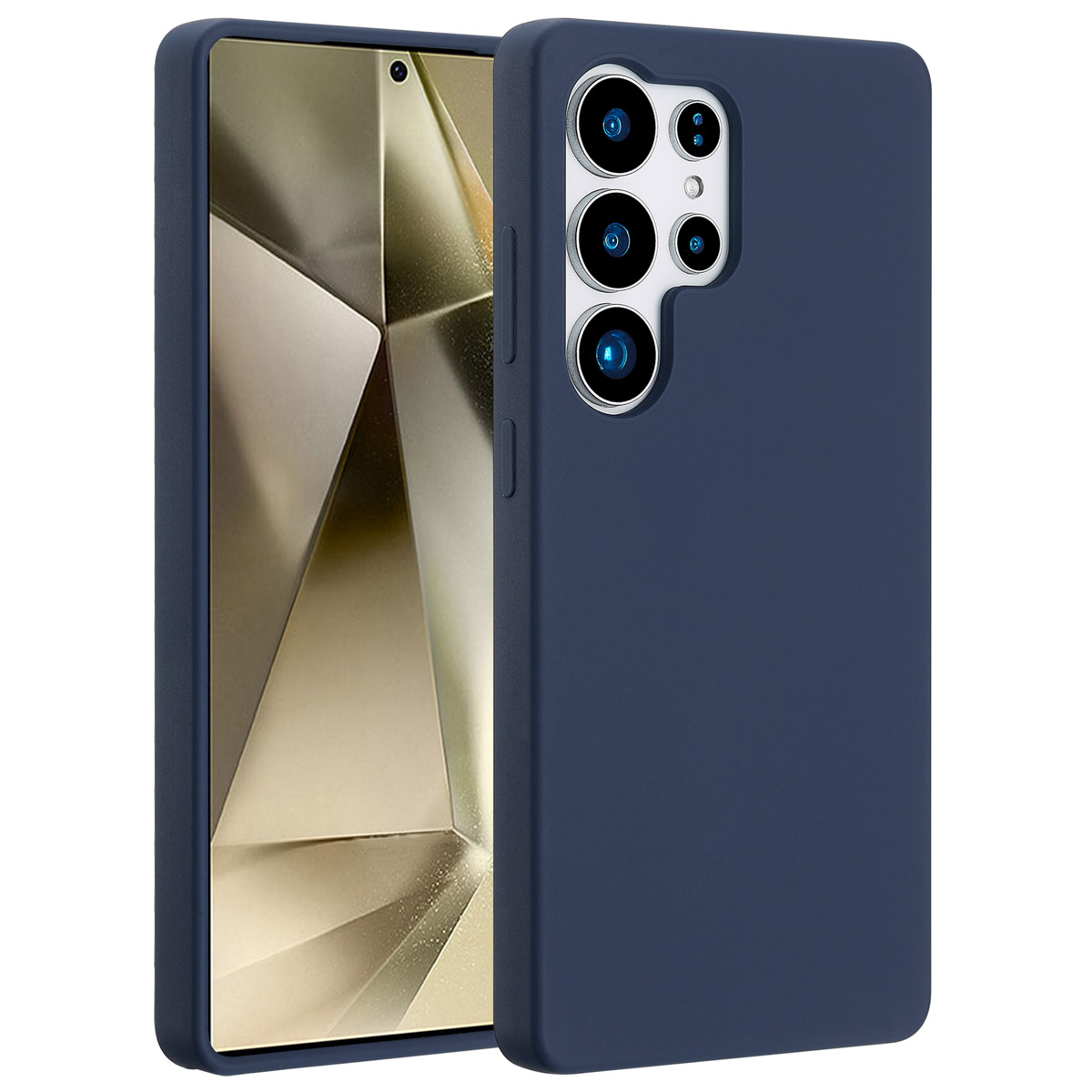 Een marineblauwe telefoonhoes wordt getoond, met een telefoon erin. De hoes heeft een uitsparing voor de camera en zijknoppen. Het scherm is zichtbaar.