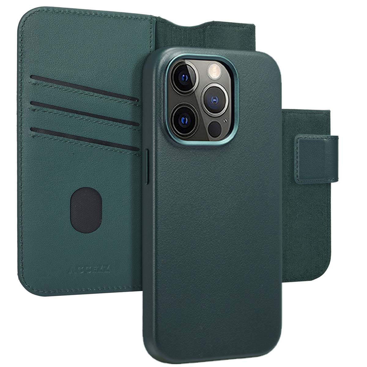 Custodia verde per telefono con portafoglio. Ha tre fotocamere. Il portafoglio ha fessure per carte e una chiusura magnetica.