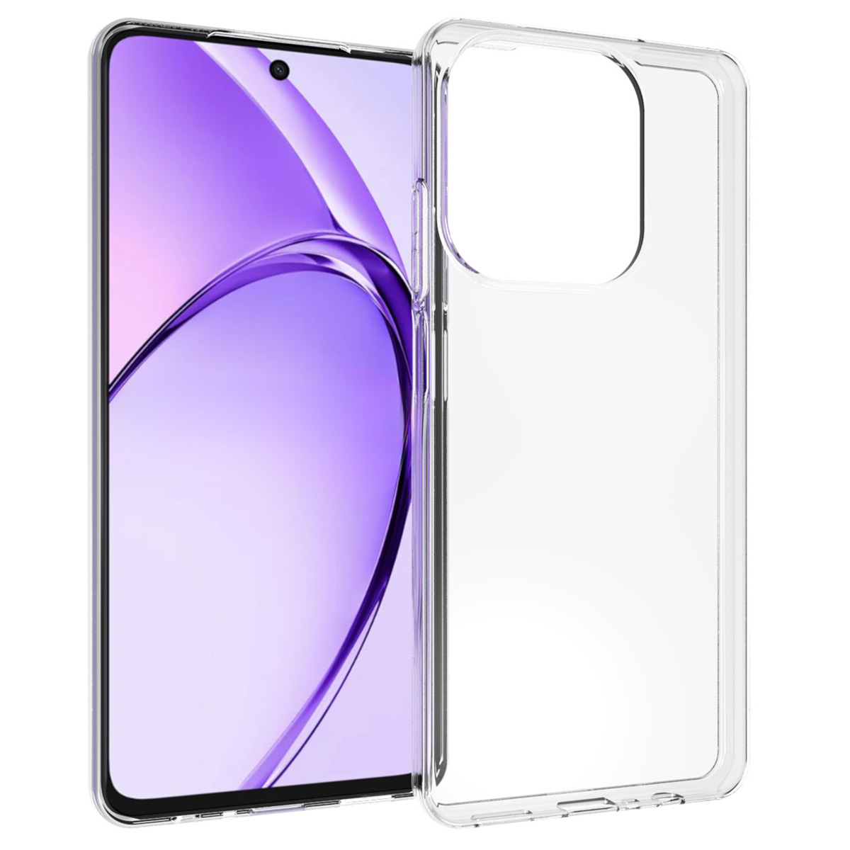 Een doorzichtige telefoonhoes naast een telefoon met een paars scherm. De hoes is transparant en toont het ontwerp van de telefoon.