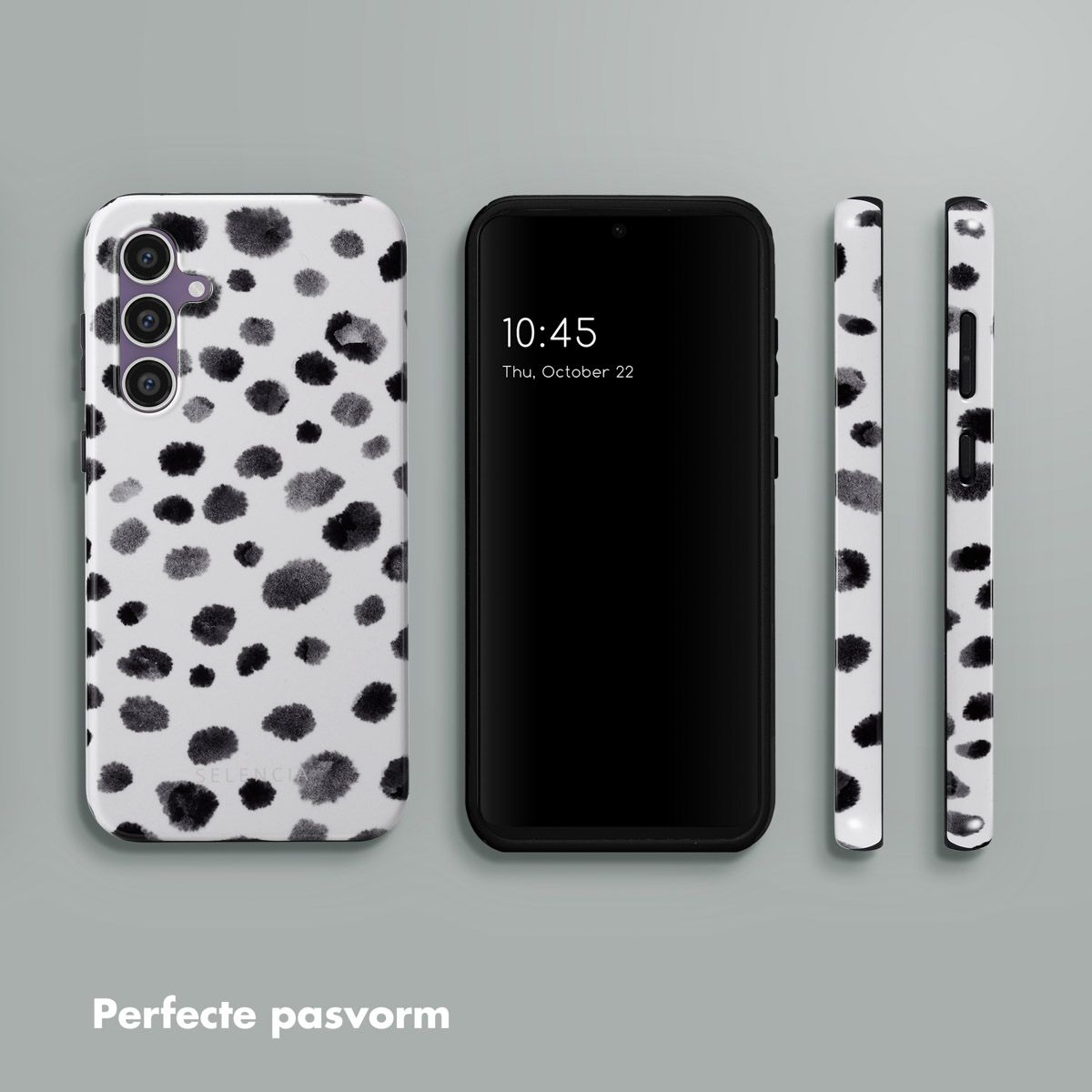 Un téléphone et des étuis avec un motif à pois noir et blanc. Le téléphone affiche l'heure. Étuis dans différentes orientations.